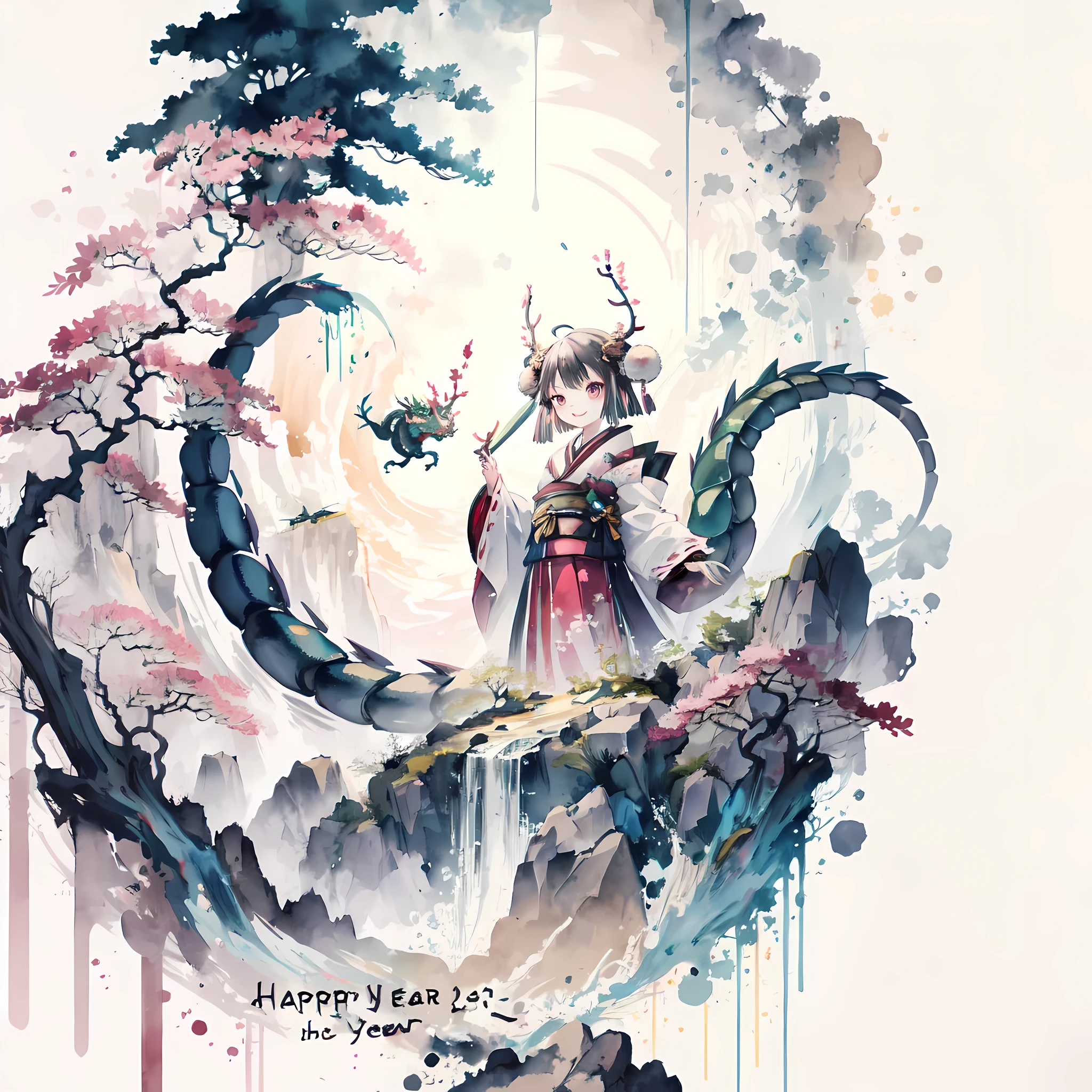 ridiculous , high resolution, Super detailed, (Children's Oriental Dragon Girl:1.3), (Dragon Yellow Antlers, dragon tail:1.2), The Girl and the Eastern Dragon,
rest, Fur-trimmed kimono, wide sleeves, loong pattern, red eye shadow,
rest, looking at the audience, happy, Cinematic pose, holding a fan,
rest, (nihonga, Ink painting), Year of the Dragon, (happy new year, Nogaru:1.2),
rest, Illustration translucent watercolor painting, With exquisite colors, subtle blend, fantastic quality