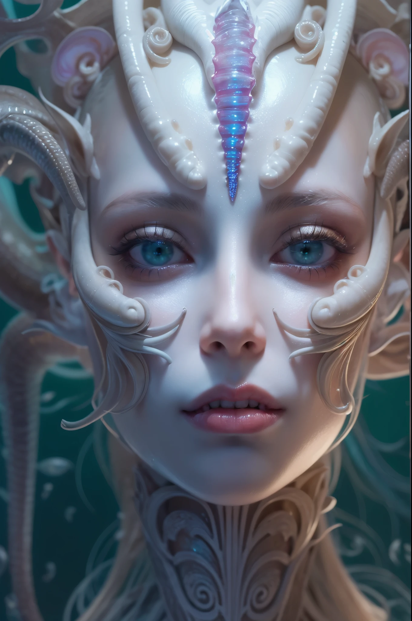 (A portrait of one beautiful and obscene female alien who is a young teenager:1.4), ((There is a female genital-like organ in the middle of her forehead:1.8)), (realistic face:1.2), (Numerous award-winning masterpieces, with incredible detail, textures and maximum detail), artistic photography, midnight aura, unreal engine 5, Ultra Sharp Focus, art by Amano Yoshitaka, ArtGerm, Roisch, intricate artwork, ultra realistic realism, high resolution, High freshness, drawing faithfully, official art, Unity 8K Wall paper, ultra detailed artistic photography, dream-like, Creation of fantasy, dream Snail, (biopunk nautilus:1.3),Thrilling color schemes, seductively smiling, Amazing mutation, well-proportioned body, goddess of the deep sea, fractal, Geometric pattern, impossible figures, (translucent white tentacles with luminescent organs:1.4), subtle emerald green accents, (smiling seductively:1.3),(She has the most beautiful face in the history of the universe:1.5), Penelope Cruz, (she is looking down at viewers with glowing iridescent eyes with no pupils:1.3), an evil gaze that seduces, cinematic lighting, (Vampire-like long canine teeth can be glimpsed through the gap between the cute lips:1.3), in the hall of the palace, Sweet breath is exhaling from beautiful lips, ecstatic expression