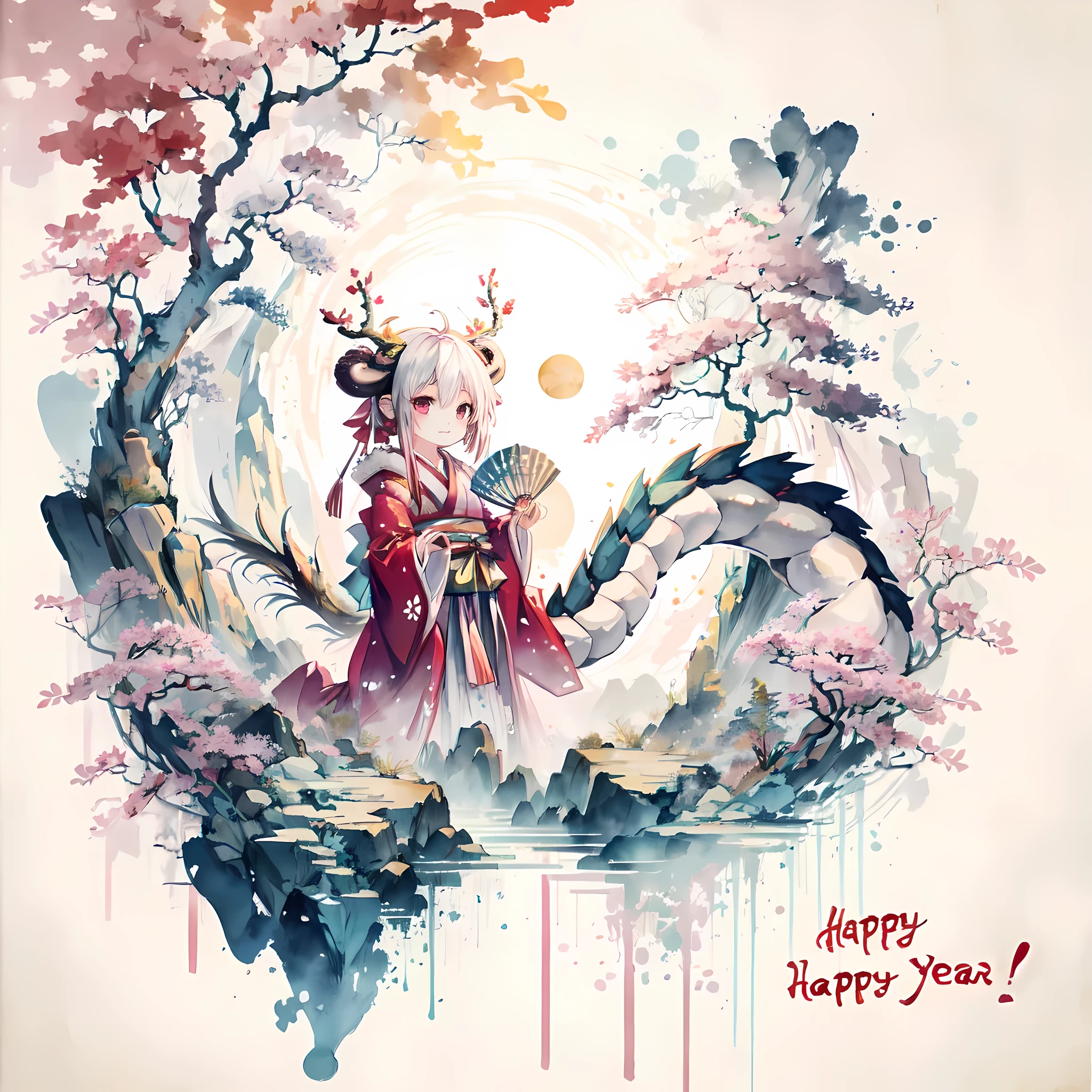 ridiculous , high resolution, Super detailed, (Children's Oriental Dragon Girl:1.3), (Dragon Yellow Antlers, dragon tail:1.2), The Girl and the Eastern Dragon,
rest, Fur-trimmed kimono, wide sleeves, loong pattern, red eye shadow,
rest, looking at the audience, happy, Cinematic pose, holding a fan,
rest, (nihonga, Ink painting), Year of the Dragon, (happy new year, Nogaru:1.2),
rest, Illustration translucent watercolor painting, With exquisite colors, subtle blend, fantastic quality