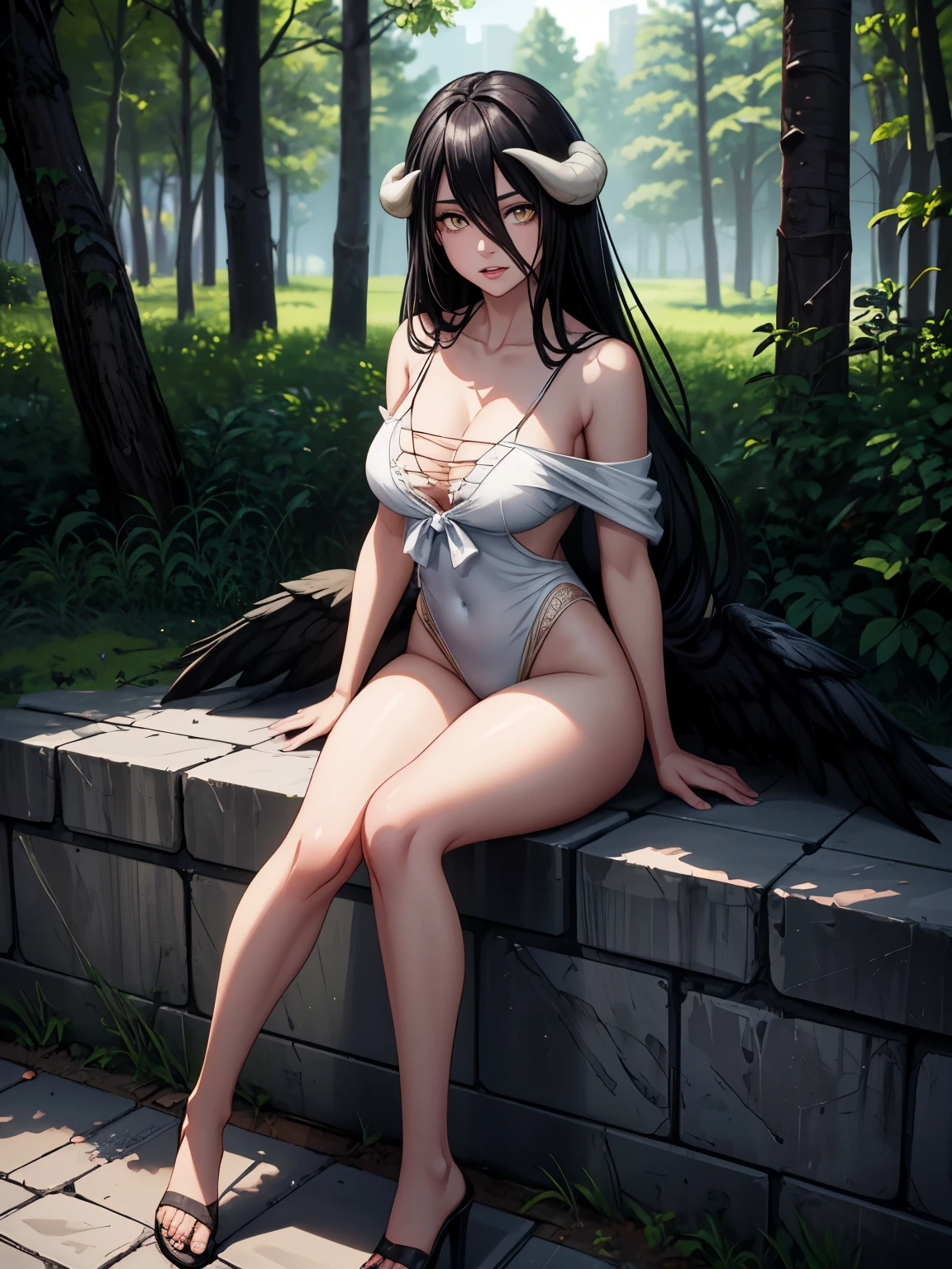 ((masterpiece)), (best quality),, official art, extremely detailed CG unity 8k wallpaper, highly detailed, shiny skin, Depth of field, vivid color,, 1girl, (curvy:0.6), (full body:0.8), girl wearing sexy clothes, sexy , portrait sophie mudd, casual pose, gorgeous young model, cute young woman, a beautiful -aged girl, very pretty model, young , cute young girl, beautiful young girl, beautiful model, long black hair, dark hair, shiny hair, young and cute girl, girl, Albedo, Overlord, Albedo anime, anime, looking at me, high shadow texturing, shadows included, looking epic, epic background, epic place, single person, nobody else, wearing swimsuit,horns, wearing somethink cute, wearing cute dress, adorable, kawaii, cute, proud, happy, definision of happines, sun is shining, sunshine, epic lighting, sunning, 18+ , epic background, super epic backgorund, backgorund theme, suepr shadowing, shadows, dynamic lighting, wearing sexy clothes of random color, (Background: forest,old town, sunset, sunny forest, nature), poses: (Poses: sitting, leaning over wall, standing, legs crossed)