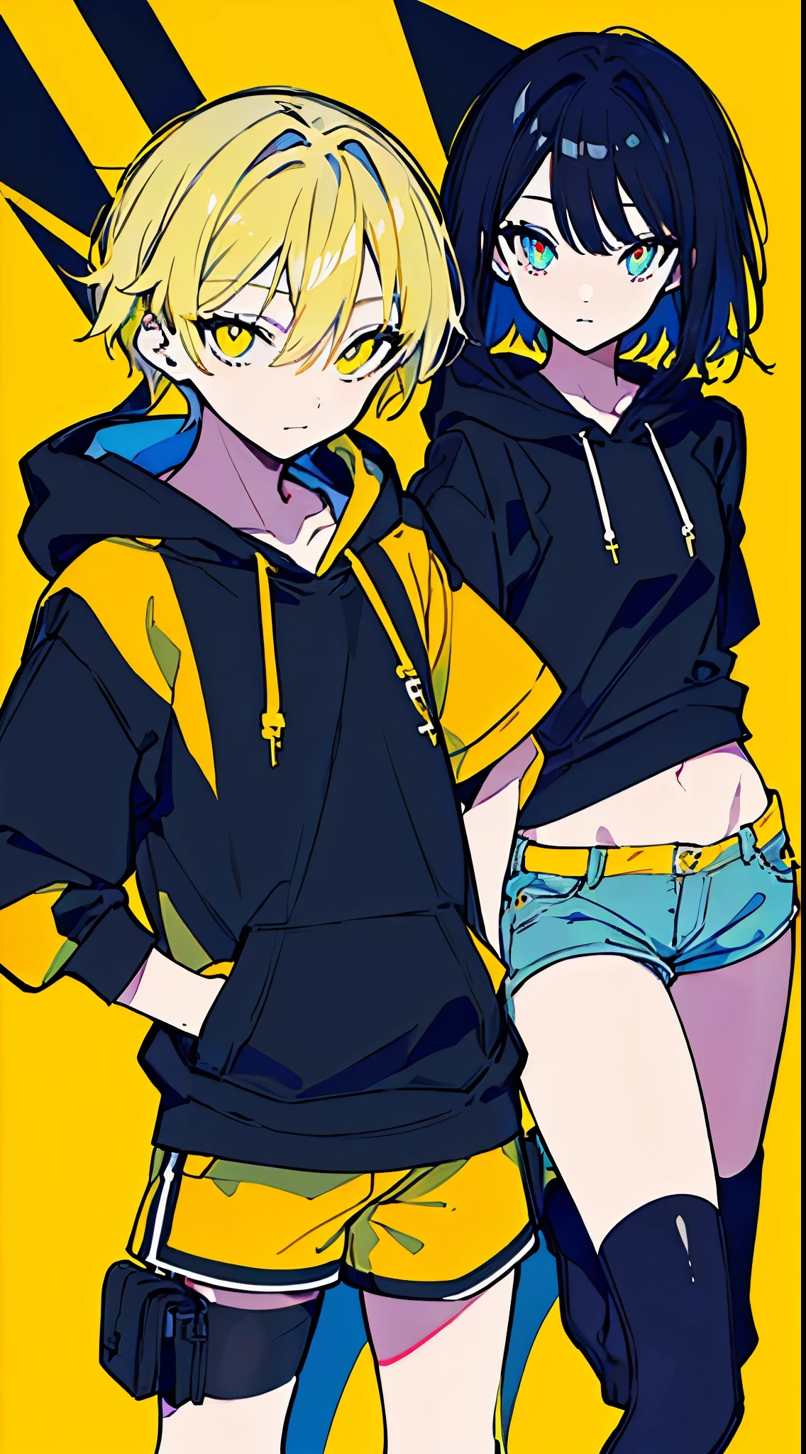 (masterpiece, highest quality:1.6), alone, thick outline, (simple background, Dark yellow background, monochrome, dark yellow theme:1.2), official art, Key Visual, 8K, disorganized, whole body, (Unique hair, Oversized Hoodies, hot pants, arch back, short torso:1.2), belly button, thighs, cowboy shot, HDR, sharp focus, High resolution, most detailed, very detailed, Super detailed, finely, detailed eyes and face, sharp pupils, realistic student