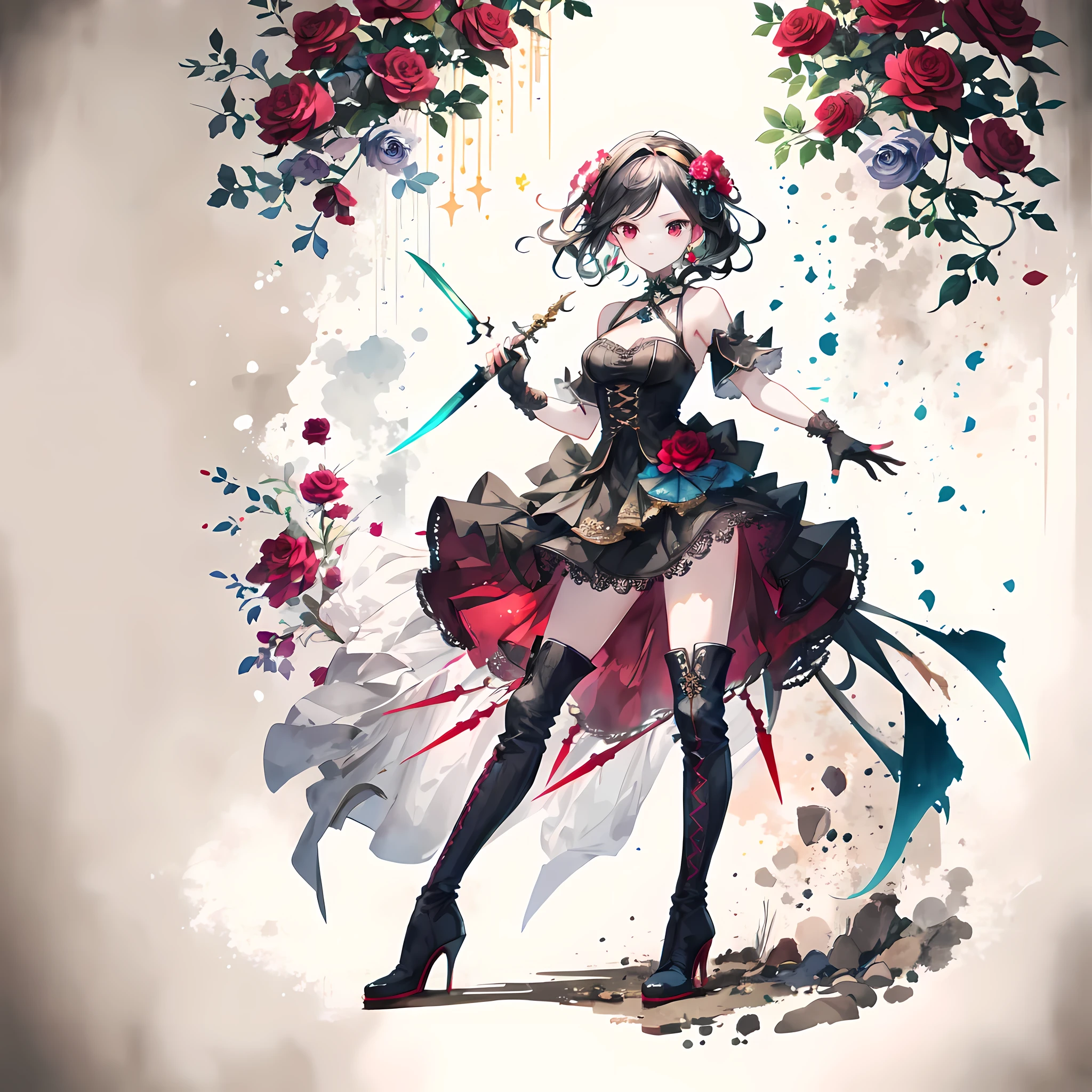 (masterpiece, best quality:1.2), you_wild rose, 1 girl, Black_skirt, Black_footwear, Black_Gloves, Black_hair, boots, breast, split, daggers, skirt, fingerless_Gloves, flower, full_Body, Gloves, Kaneko_hairband, hairband, High_all_boots, High_alls, Keep, Keep_daggers, Keep_knife, Keep_arms, knife, Moderate_breast, Red_Eye, Red_flower, Red_Rose, Rose, alone, permanent, dagger_(arms), tHigh_boots, double-sided_fabrics, arms