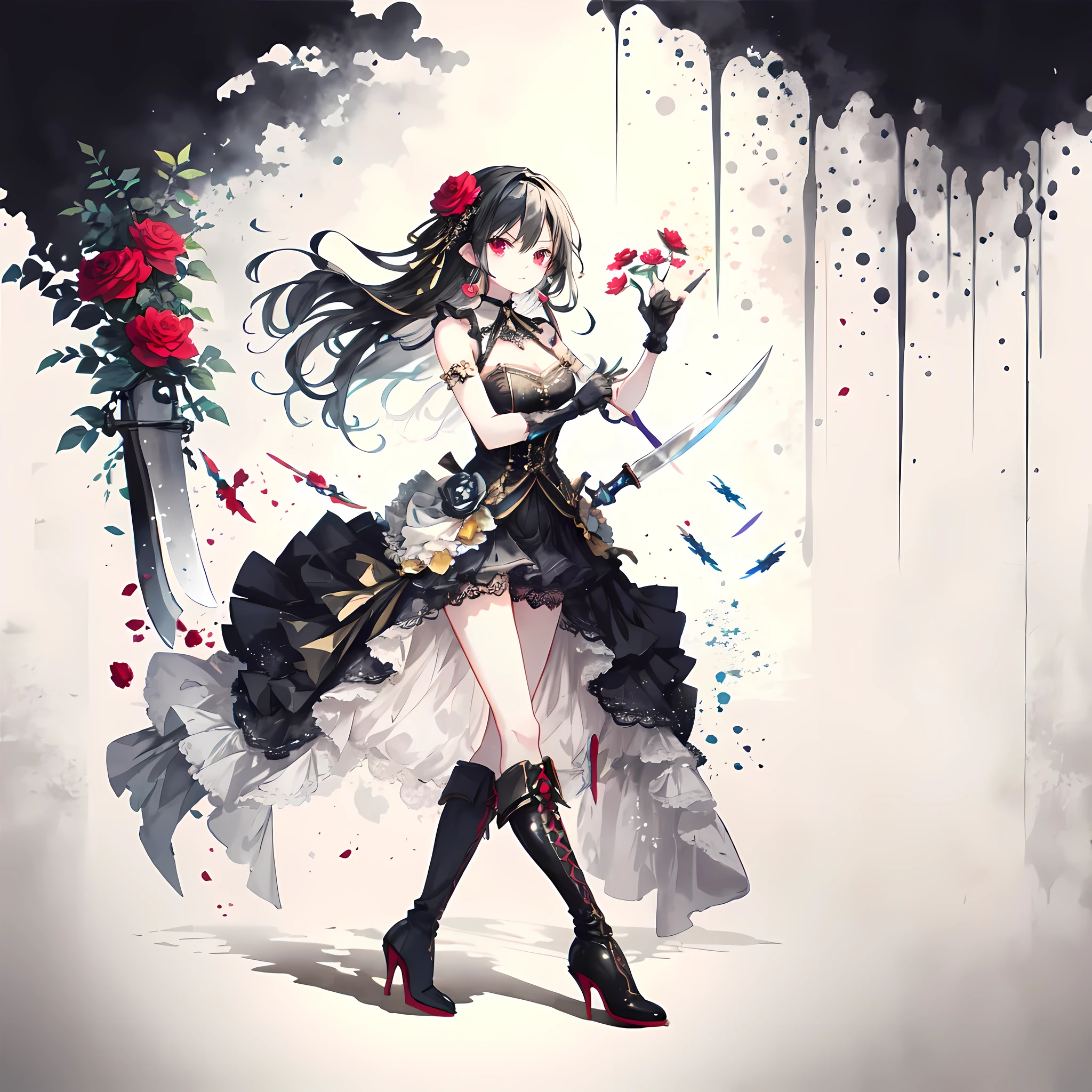 (masterpiece, best quality:1.2), you_wild rose, 1 girl, Black_skirt, Black_footwear, Black_Gloves, Black_hair, boots, breast, split, daggers, skirt, fingerless_Gloves, flower, full_Body, Gloves, Kaneko_hairband, hairband, High_all_boots, High_alls, Keep, Keep_daggers, Keep_knife, Keep_arms, knife, Moderate_breast, Red_Eye, Red_flower, Red_Rose, Rose, alone, permanent, dagger_(arms), tHigh_boots, double-sided_fabrics, arms
