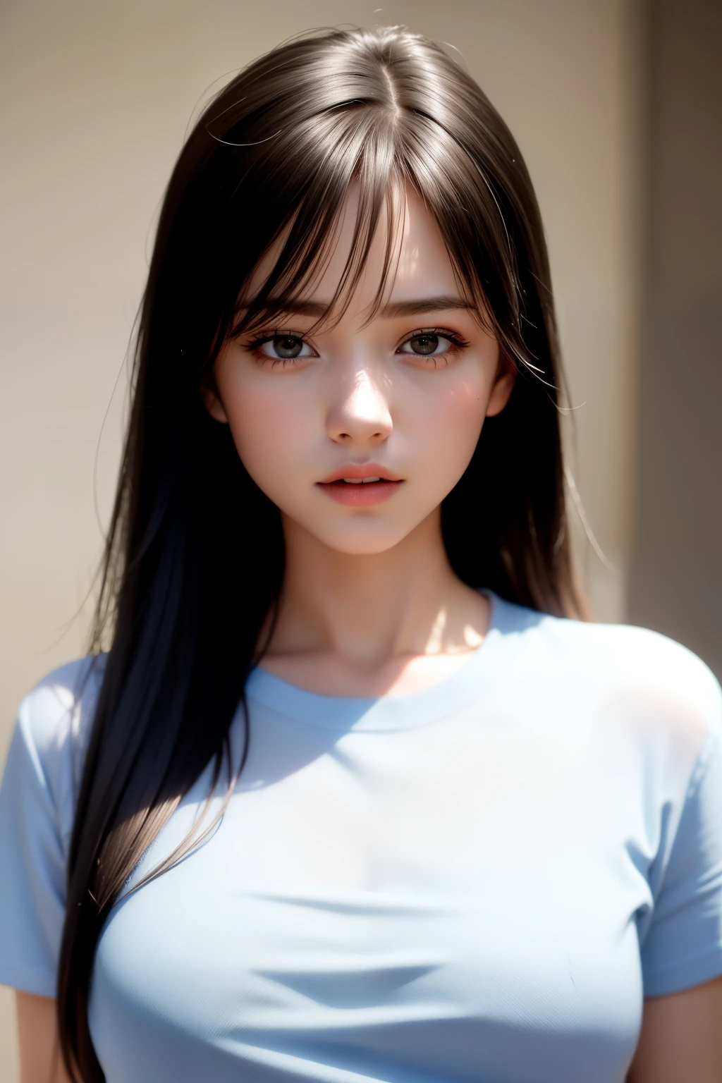 (RAW photo, 4K, masterpiece, High resolution, very complicated) (realistic: 1.4), cinematic lighting, 1 girl, focus only, Summer Day, hot, 1990s (style), denim lens, indoor, Short sleeve T-shirt