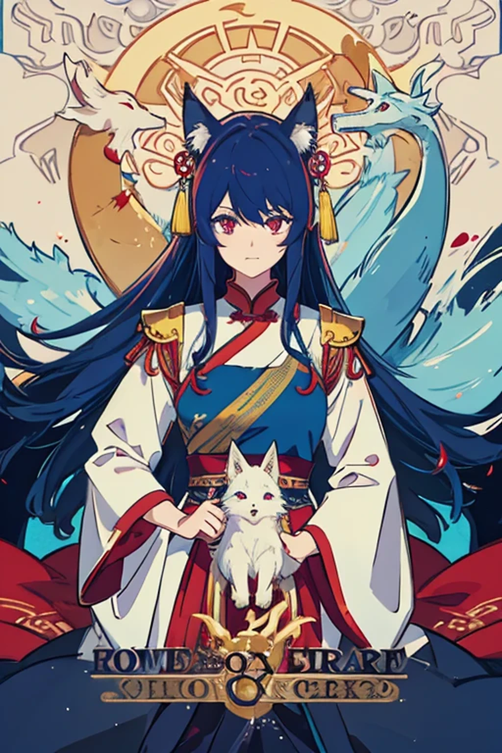 ung girl, long blue hair, This depicts a fox disguised as a woman, wearing Chinese Traditional dress, There is a golden fox with red eyes in the background, twilight, deep sea, animal ears, dragon horn, cool, holding a gun, looking at the audience,Has a big blue furry tail, masterpiece, best quality,