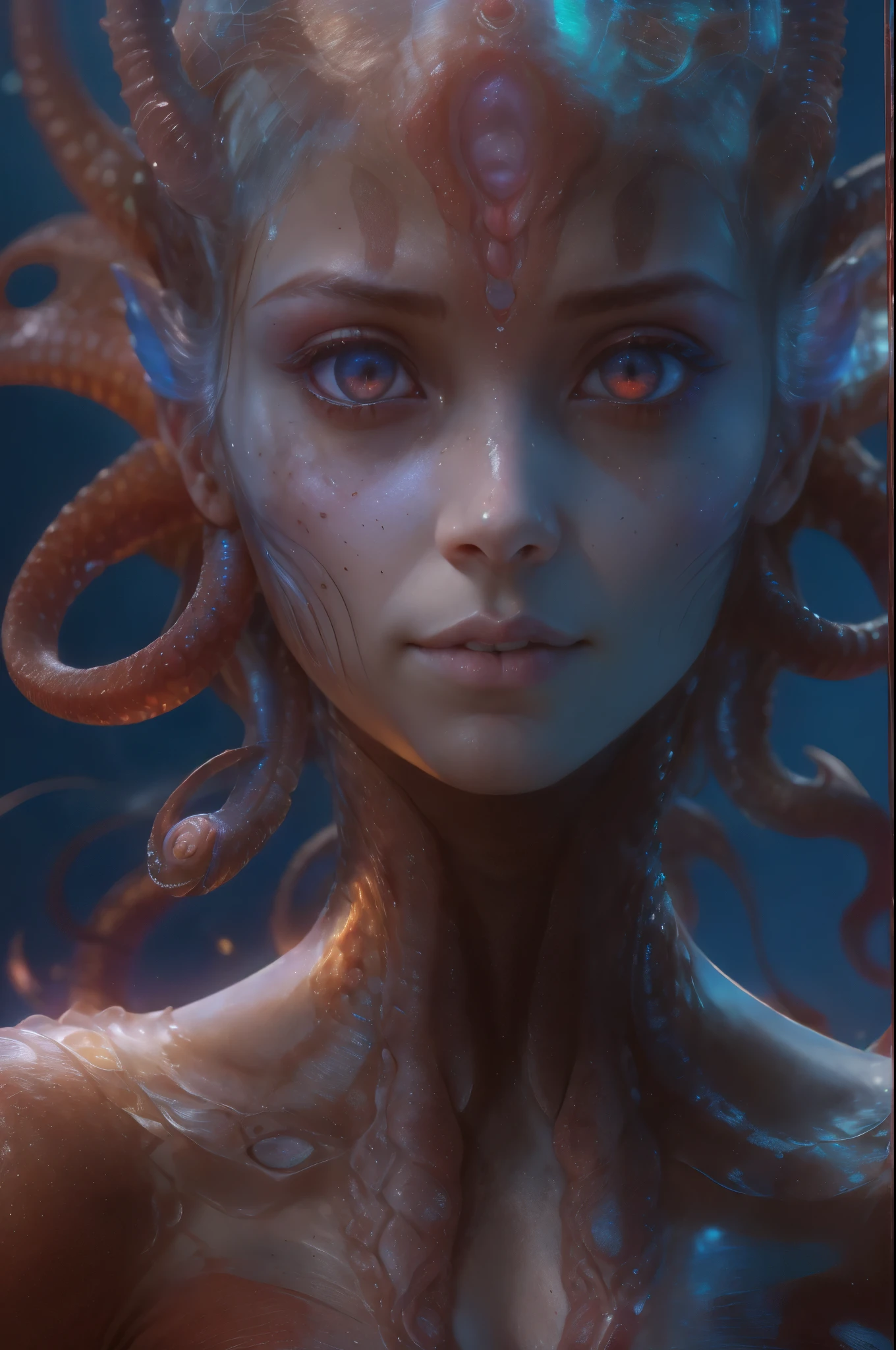 Portrait, (beautiful female alien:1.2), (There is a female genital-like organ in the middle of the forehead...:1.8), (The most beautiful face in the history of the universe:1.2), (scarlet eyes:1.6), (Translucent skin:1.8), an evil gaze that seduces , (red eyes:1.5), Full body like, (sexypose:1.5), alien, No humans, cells are fused, (Lots of translucent tentacles:1.1) (Translucent skin:1.3), extraterrestrial, cell, bio image, 魅惑的, Best Quality, 8K,4K_quality, High Definition, Dramatic Lighting, masutepiece:1.5,cinematic quality, detail up, (Intricate details:1.2), High resolution, High Definition, drawing faithfully, (Thick eyebrows:1.2), Beautiful eyes with fine symmetry, (Ultra detailed eyes:1.2),(Highly detailed face and eyes:1.2), (High-resolution red-eye:1.4), Intimate face, (Super detailed skin quality feeling:1.4), Perfect Anatomy, (Beautiful toned body:1.5), (Moist skin:1.2), No makeup, (dark circles:1.1), long canines, cinematic drawing of characters, ultra high quality model, cinematic quality, detail up, (Intricate details:1.2), High resolution, High Definition, drawing faithfully, Official art, Unity 8K wall , 8K Portrait, Best Quality, Very High resolution, ultra detailed artistic photography, midnight aura, unreal enginee 5, Ultra Sharp Focus, art by alberto seveso, ArtGerm, Roisch, intricate artwork, Medusa, best quality, masutepiece, ultra High resolution, (photos realistic:1.4), Ultra-realistic realism, dream-like, nautilus, Creation of fantasy, Snail, Dream Snail, biopunk nautilus, Thrilling color schemes, Ultra-realistic realism, seductively smiling, Blue tentacles