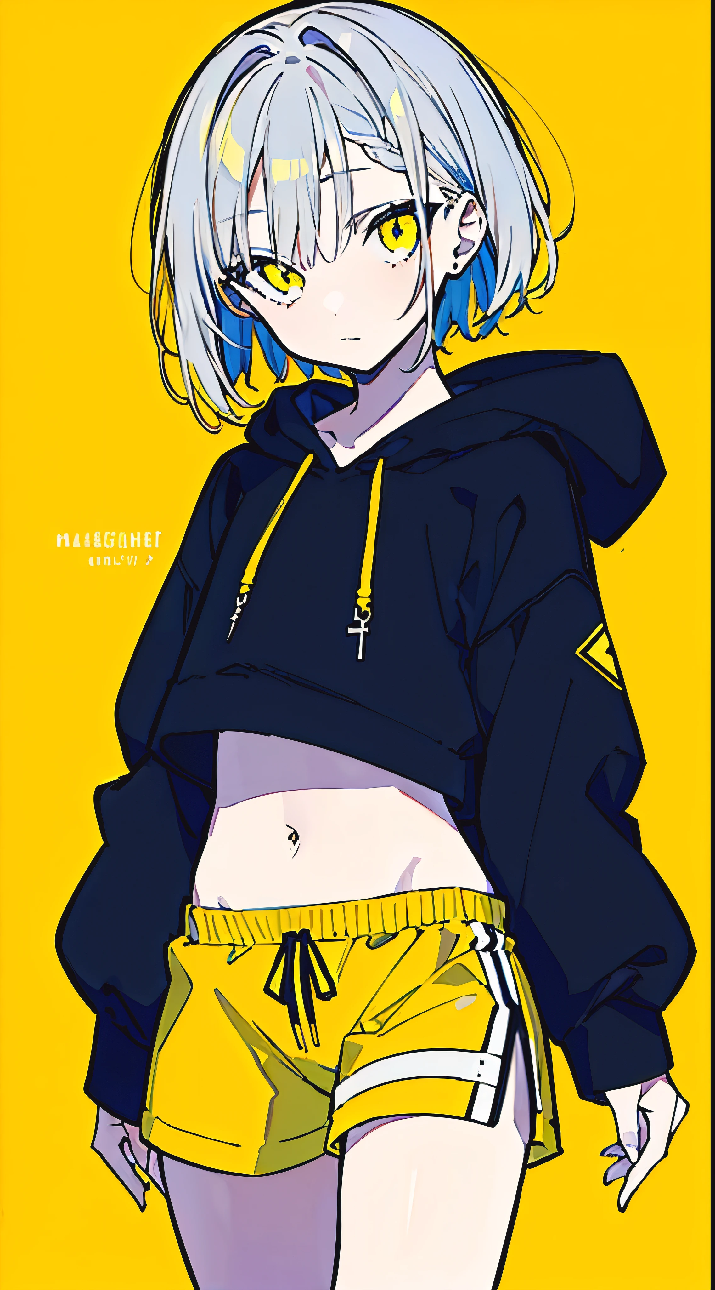 (masterpiece, highest quality:1.6), alone, thick outline, (simple background, Dark yellow background, monochrome, dark yellow theme:1.2), official art, Key Visual, 8K, confused, whole body, (Unique hair, oversized hoodie, hot pants, arch back, short torso:1.2), belly button, thighs, cowboy shot, HDR, sharp focus, High resolution, most detailed, very detailed, Super detailed, finely, detailed eyes and face, sharp pupils, realistic student