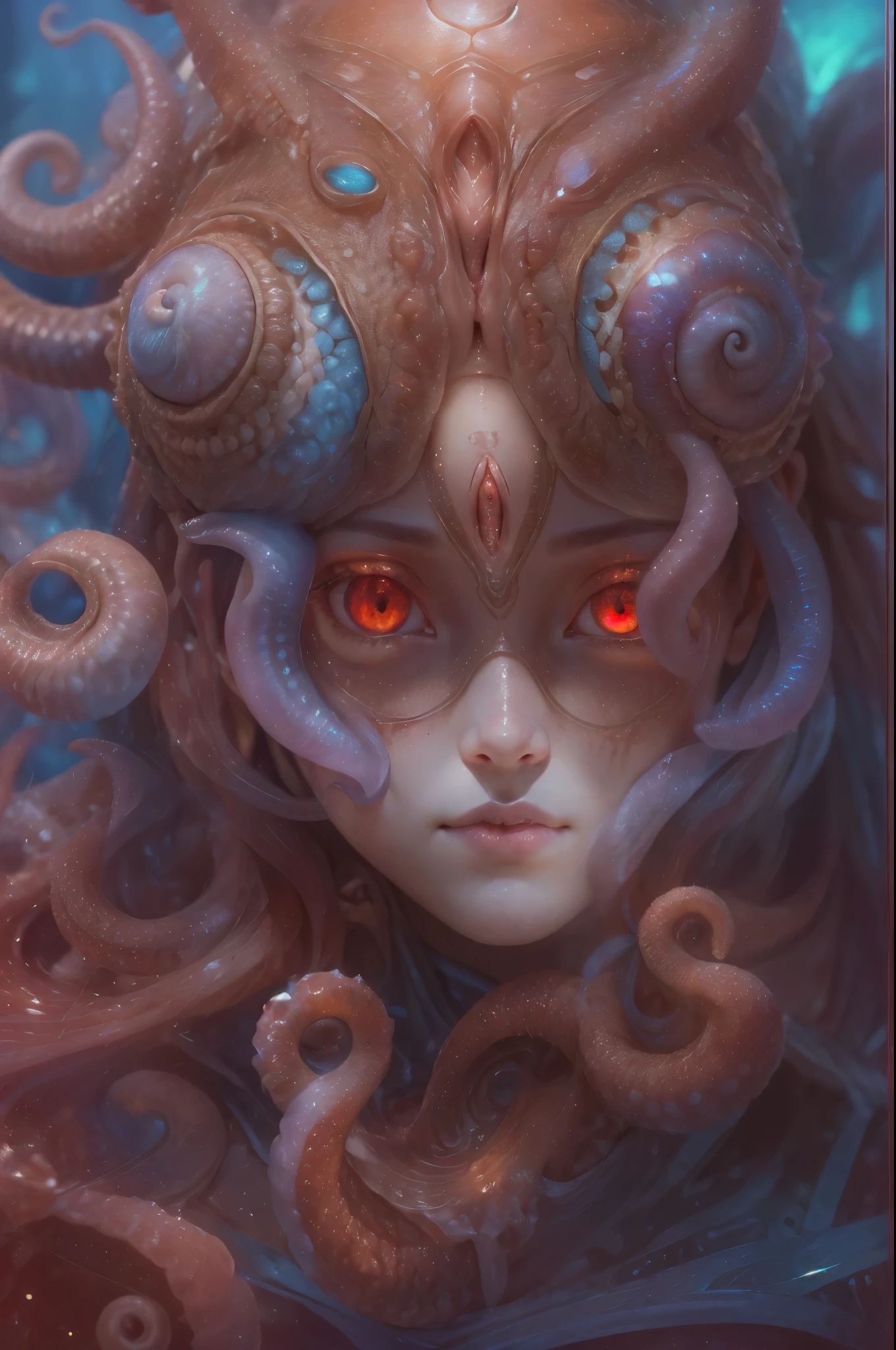 best quality, masterpiece, ultra high resolution, (photos realistic:1.7), scary and sexy detailed art in color, Portrait, (beautiful and obscene female alien:1.4), (vulgarity1.5), (she has red eyes with no pupils:1.4), (She has translucent pale skin:1.4), (There is a female genital-like organ in the middle of the forehead:1.95), (She has the most beautiful face in the history of the universe:1.4), (She has multiple bioluminescent organs on the side of her tentacles:1.4), (Her body is covered with an iridescent exoskeleton:1.3), (She is showingh her arm pits:1.4), an evil gaze that seduces, (large mouth:1.1), (sharp teeth like a vampire:1.2), Full body portrait, (bio luminescent:1.5), (Smile wickedly:1.3), (sexypose:1.5), alien, No humans, cells are fused, (There are lots of translucent tentacles from her head:1.3) extraterrestrial, cell, bio image, best quality, 8K,In 4K_quality, High freshness, Dramatic Lighting, cinematic quality, detail up, (exquisite details:1.2), High freshness, drawing faithfully, (Thick eyebrows:1.2), Beautiful eyes with fine symmetry,(Highly detailed face and eyes:1.2),(Super detailed skin quality feeling:1.4), perfect anatomy, (Beautiful toned body:1.5), (Moist skin:1.2), not wearing makeup, (dark circles:1.1), long canines, cinematic drawing of characters, cinematic quality, detail up, (exquisite details:1.2), high resolution, High freshness, drawing faithfully, official art, Unity 8K Wall paper, ultra detailed artistic photography, midnight aura, unreal engine 5, Ultra Sharp Focus, art by Amano Yoshitaka, ArtGerm, Roisch, intricate artwork,ultra realistic realism, dream-like, nautilus, Creation of fantasy, dream Snail, (biopunk nautilus:1.3),Thrilling color schemes, seductively smiling, Blue tentacles, Amazing mutation, well-proportioned body, goddess of the deep sea, fractal, Geometric pattern, impossible figures, (white tentacles with blue stripes:1.4), subtle emerald green accents, (expression of ecstasy:1.2)