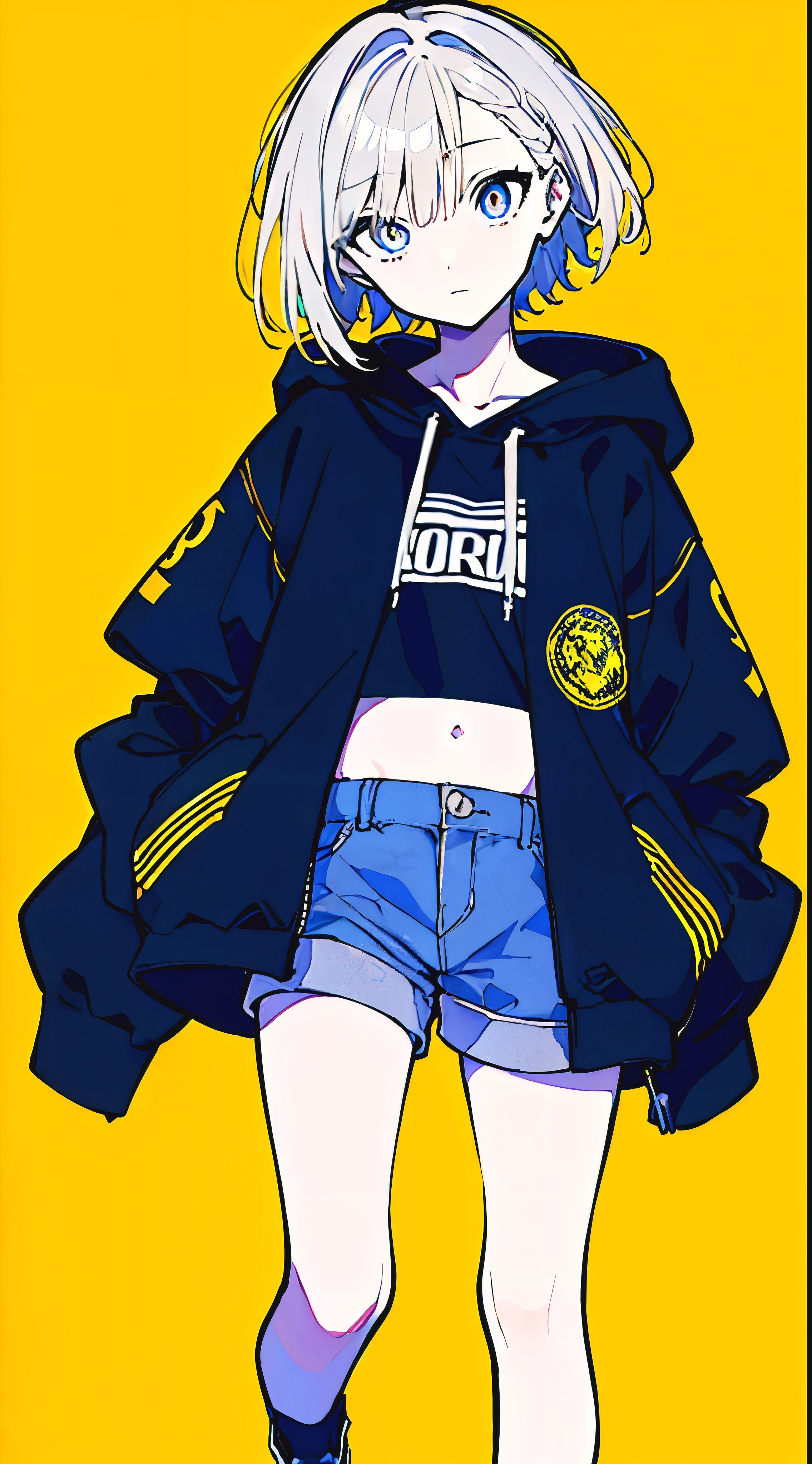 (masterpiece, highest quality:1.6), alone, thick outline, (simple background, Dark yellow background, monochrome, dark yellow theme:1.2), official art, Key Visual, 8K, confused, whole body, (Unique hair, oversized hoodie, hot pants, arch back, short torso:1.2), belly button, thighs, cowboy shot, HDR, sharp focus, High resolution, most detailed, very detailed, Super detailed, finely, detailed eyes and face, sharp pupils, realistic student