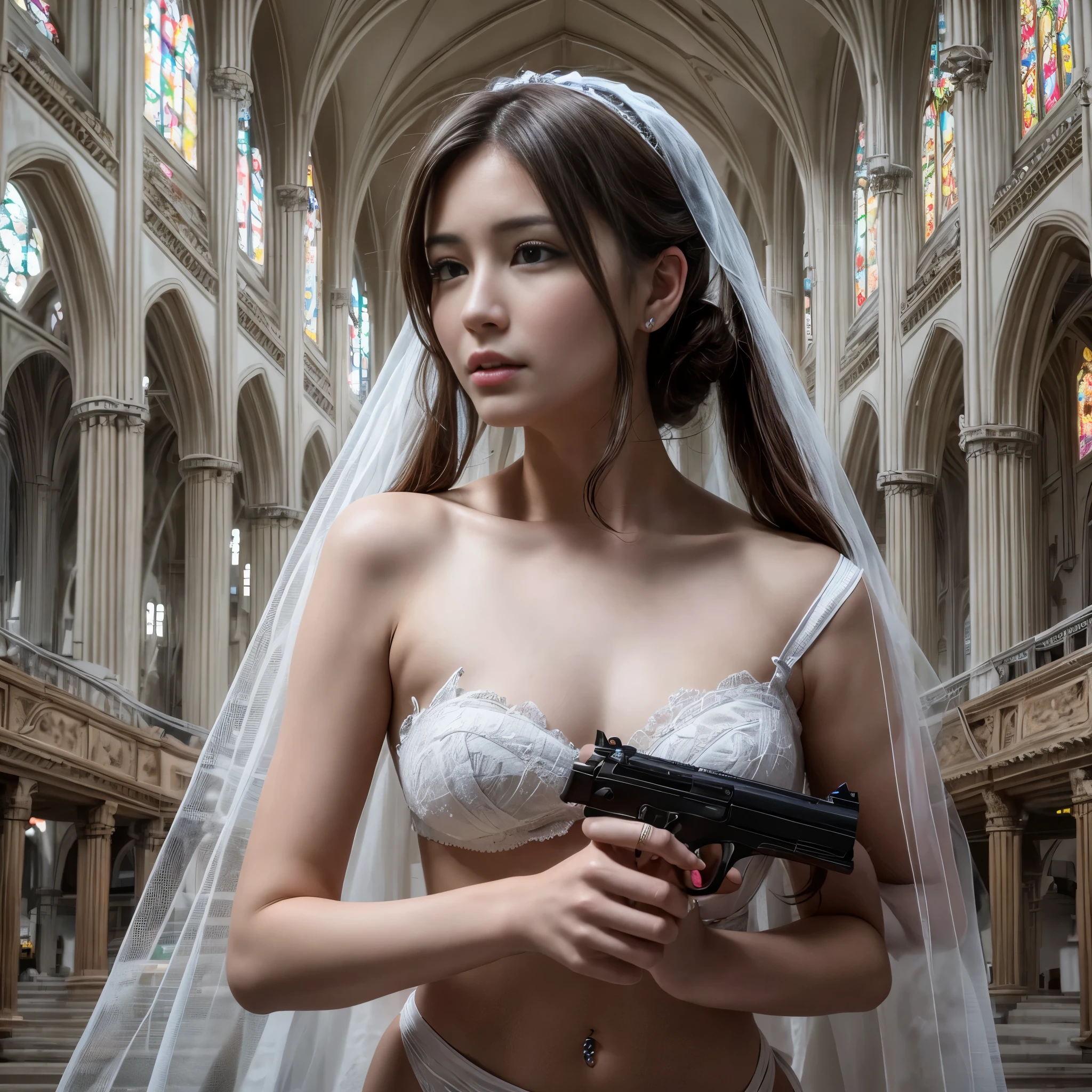 (RAW photo:1.2), (realistic), beautiful detailed girl, very detailed eyes and face, beautiful and detailed eyes, huge file size, High resolution, very detailed, highest quality, [table top:1.6], shape, very detailed, small details, highest quality, 8k wallpaper, movie lighting,woman in a torn wedding dress, hold a gun and fight something, ruined cathedral, Fight bravely, Desolate world, A white bra is visible through the torn wedding dress, I can see white pants, dark mysterious cathedral, look of fear, slender body, young face, immature body, underwear exposed, white high heels