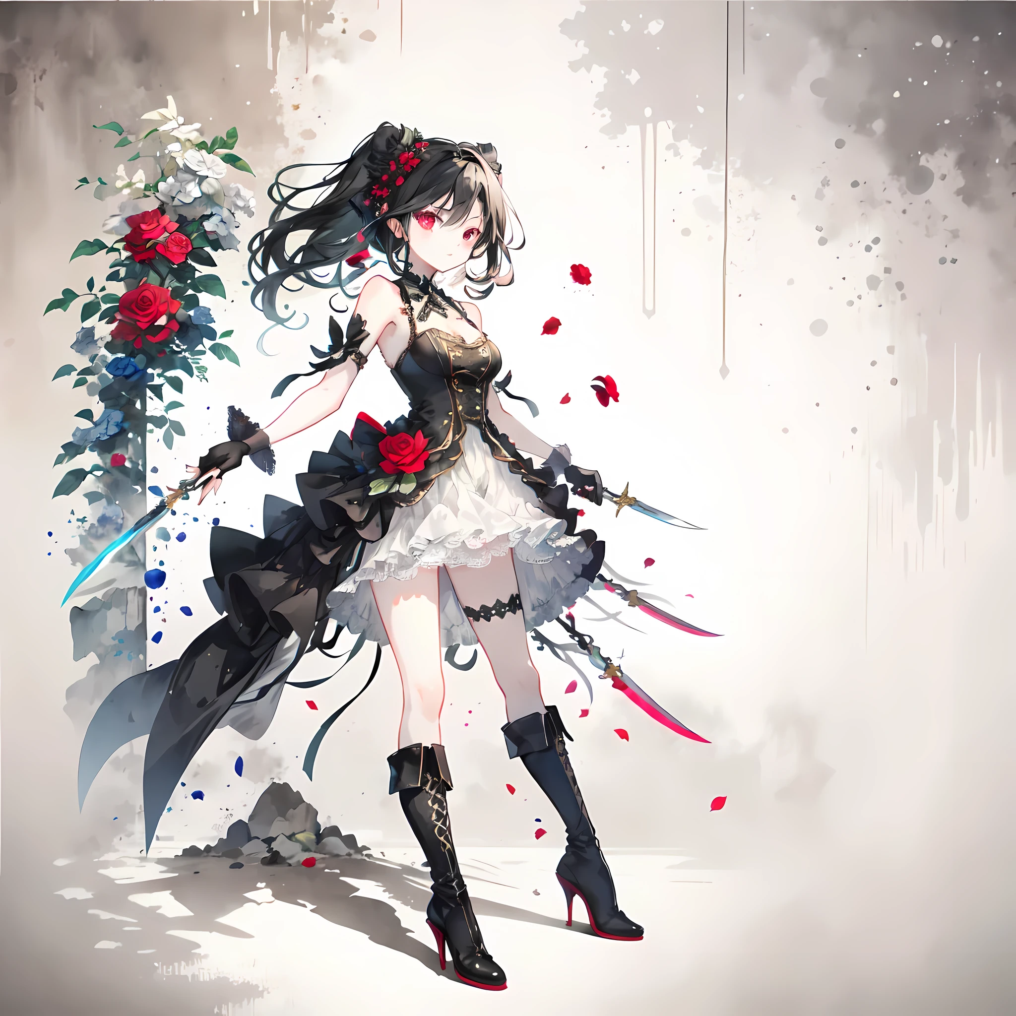 (masterpiece, best quality:1.2), you_wild rose, 1 girl, Black_skirt, Black_footwear, Black_Gloves, Black_hair, boots, breast, split, daggers, skirt, fingerless_Gloves, flower, full_Body, Gloves, Kaneko_hairband, hairband, High_all_boots, High_alls, Keep, Keep_daggers, Keep_knife, Keep_arms, knife, Moderate_breast, Red_Eye, Red_flower, Red_Rose, Rose, alone, permanent, dagger_(arms), tHigh_boots, double-sided_fabrics, arms