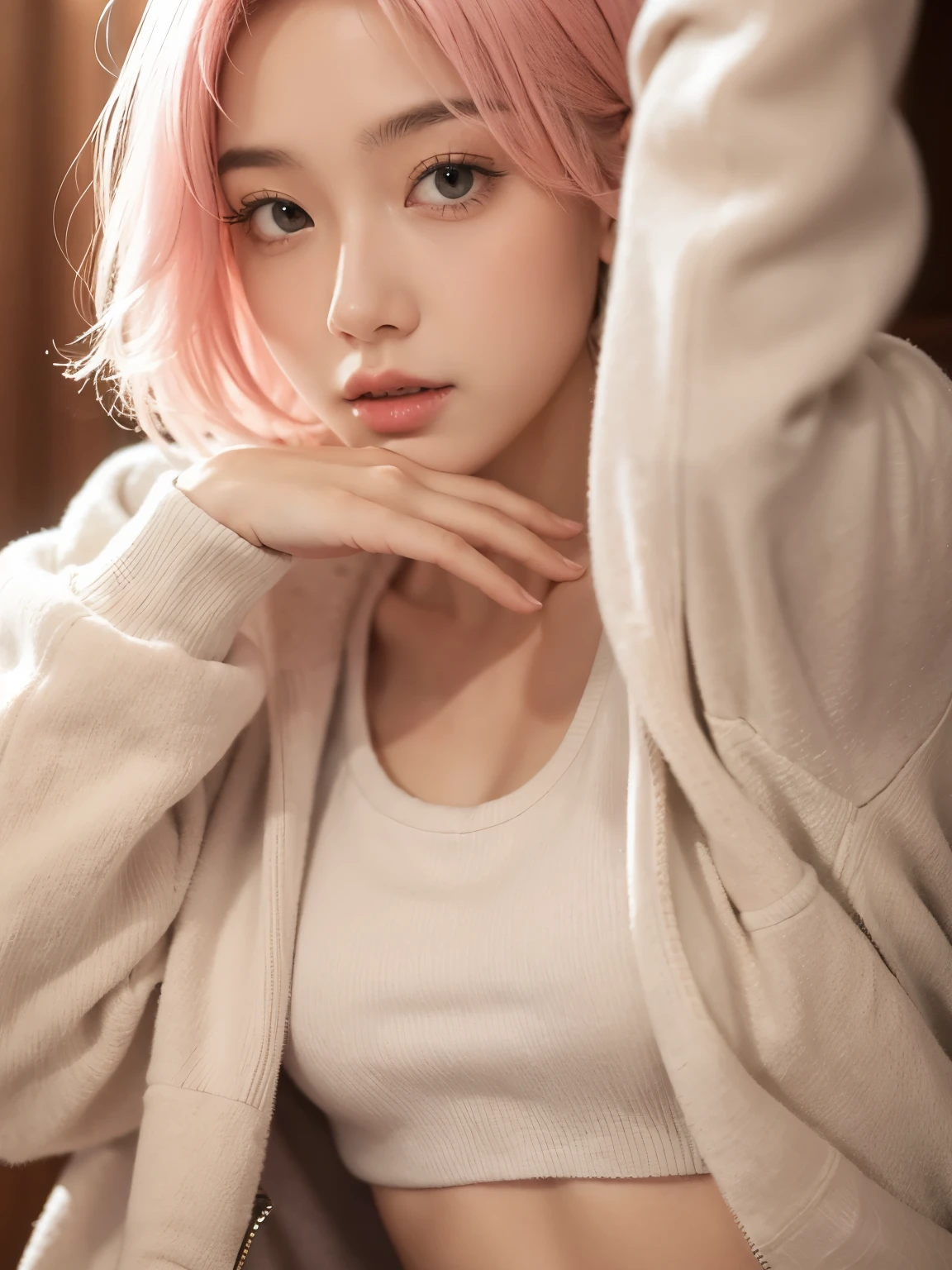 19-years old woman, short blonde-pink hair, black hoodie, topless, small  breast, Lifting the sweatshirt up with her hand