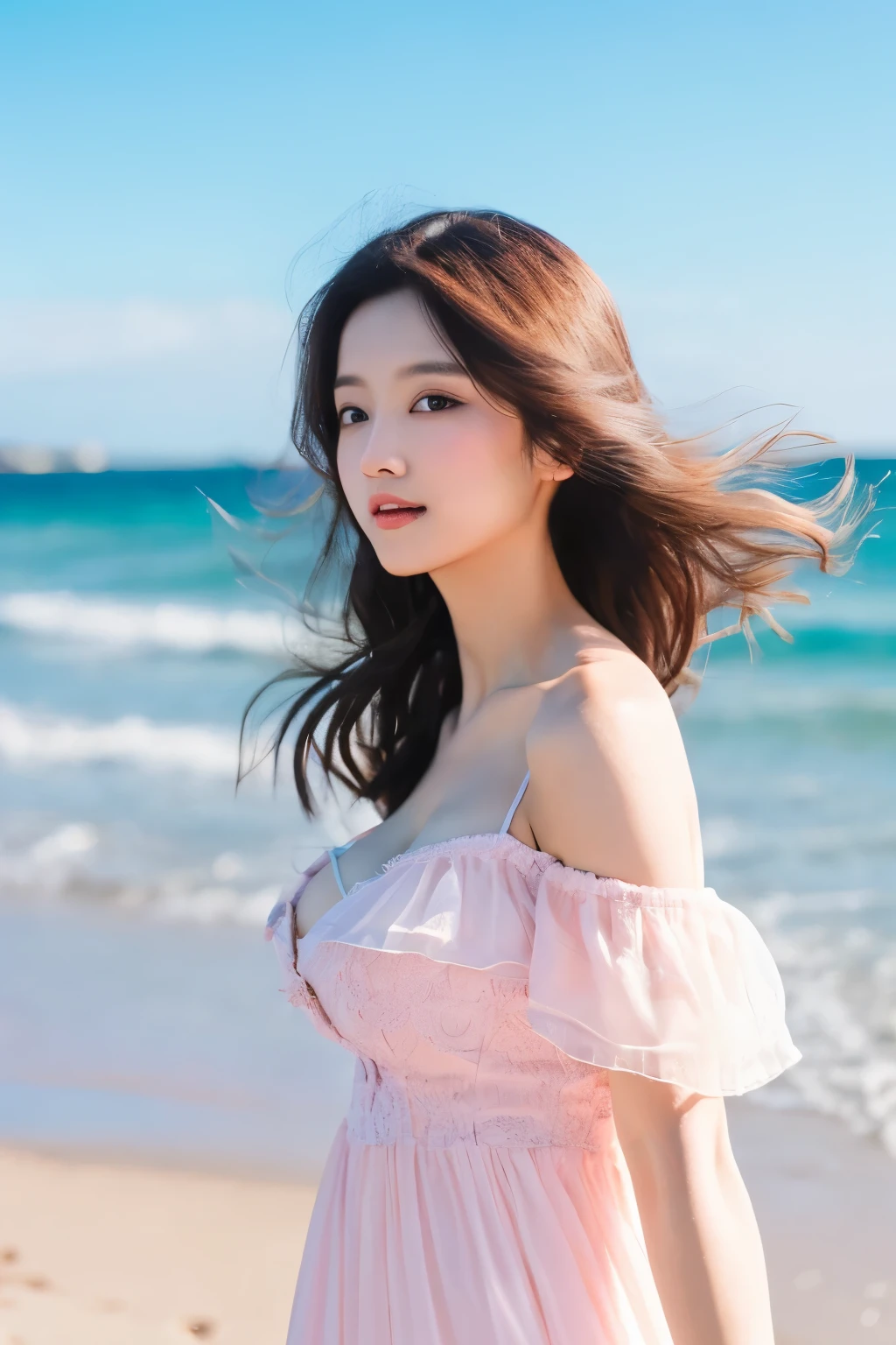 Realistic, (masterpiece:1.4, best quality), (intricate details), unity 8k wallpaper, ultra detailed, (pastel colors:1.3), Ivory colour, (transparent dress), breeze blows hair, Big breasts, thin waist, 1girl, detailed, solo, Beach, (front view), (full-length shot)