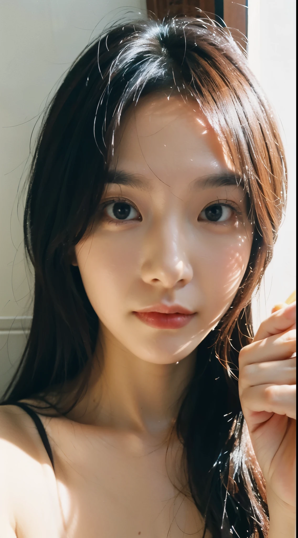 (realistic, photo-realistic:1.37),(8k, RAW photo, best quality, masterpiece:1.2), cute, ultra-detailed,heart-shaped pupils,physically-based rendering, ultra high res, looking at viewer,photorealistic,realistic, solo, photorealistic, best quality,extremely detailed face,extremely detailed eyes and face, beautiful detailed eyes,absurdres, incredibly absurdres,haunting smile,childish looks,Messy hair, floating hair,pureerosface_v1:0.2, face close-up