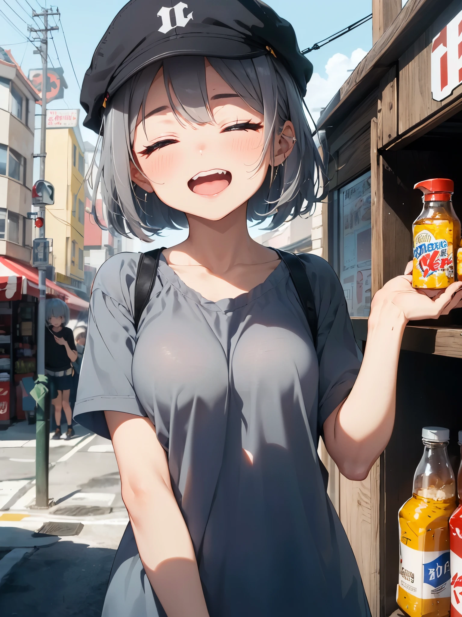 flaming hot dog、stage、lift the hot dog high with both hands、staring eyes、much-air-laden cheer、winning or losing field、camisole、(((gray hair、bob hair、long sideburns)))、There are mustard and ketchup bottles on the table.、wear a gray newsboy cap、(half closed eyes:1.7)