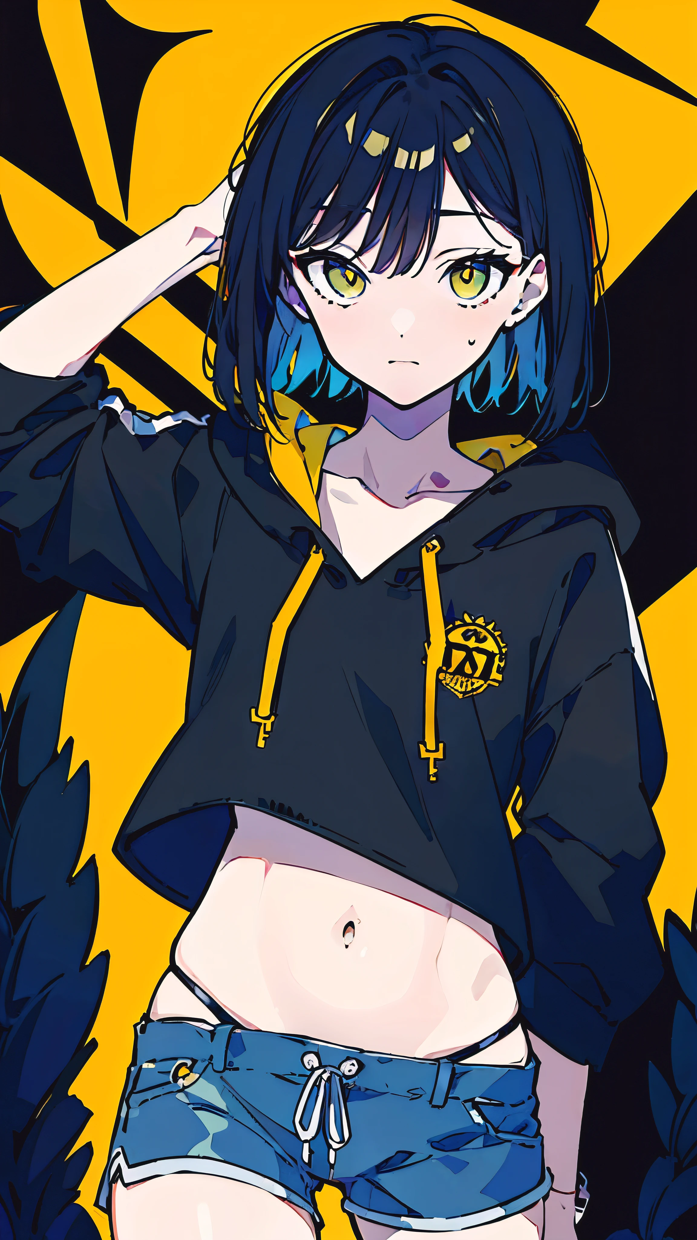 (masterpiece, highest quality:1.6), alone, thick outline, (simple background, Dark yellow background, monochrome, dark yellow theme:1.2), official art, Key Visual, 8K, confused, whole body, (Unique hair, oversized hoodie, hot pants, arch back, short torso:1.2), belly button, thighs, cowboy shot, HDR, sharp focus, High resolution, most detailed, very detailed, Super detailed, finely, detailed eyes and face, sharp pupils, realistic student