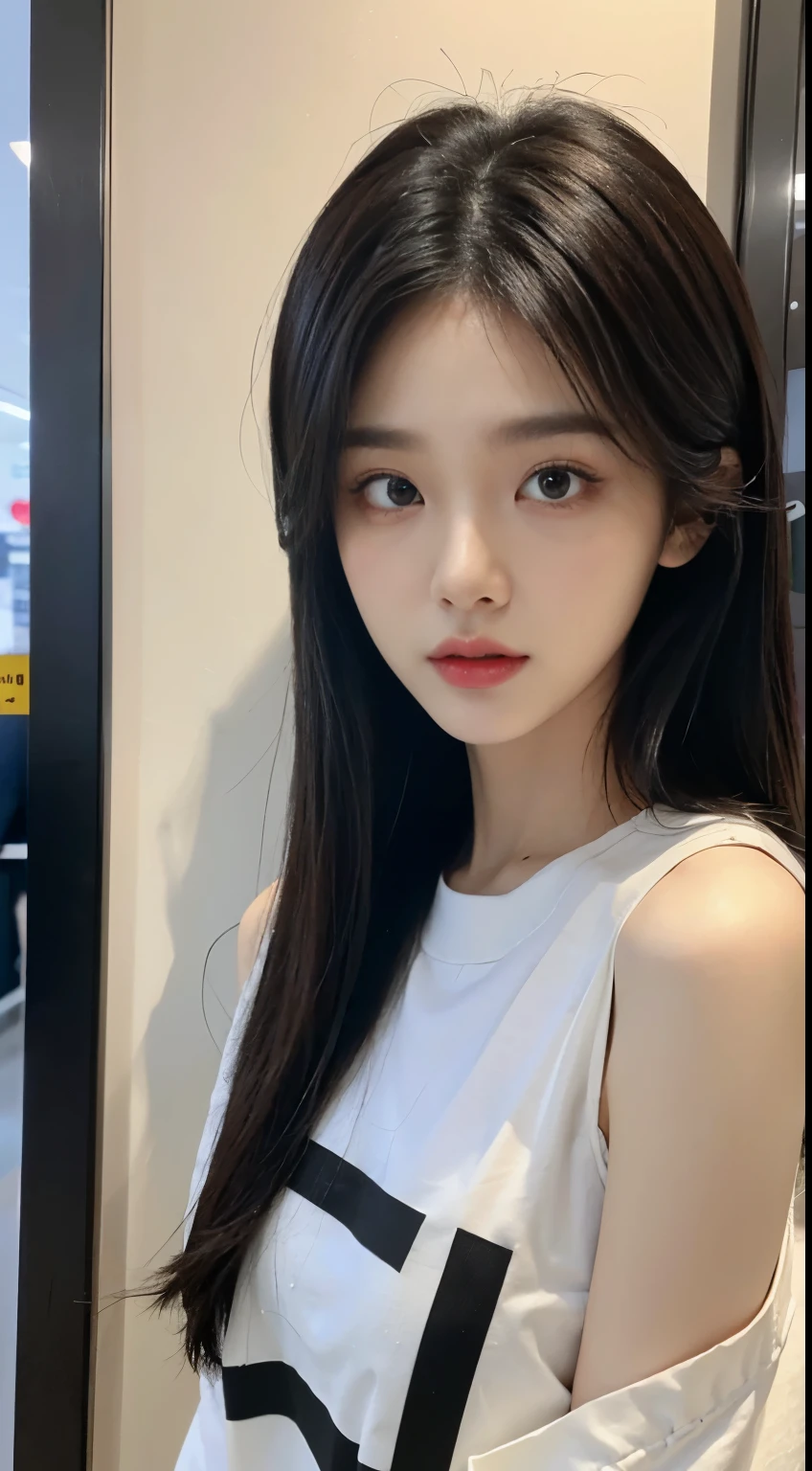 masterpiece、top-quality)、1 beutiful girl、Slim body、((Black and white plain clothes:1.1))、(Detailed beautiful eyes)、Walk around the store、((Boyish Brown Medium Hair))、((Smaller face))、((Neutral face))、((Face seen from the side))、((Light brown eyes))、((Korean Girl))、((18year old))、((cool lady))、((Wild look))、((Korean Makeup))、((elongated and sharp eyes))、((Happy dating))、((looking distantly))、((boyish))、((Shot from the same height as your face))、((Shorter than viewer))、((She is walking in front of the viewer))、((Engage your audience))