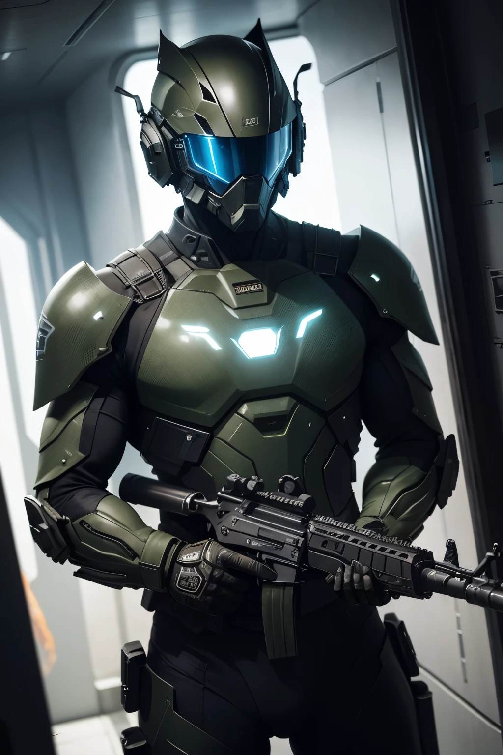 Amidst the stark contrast of a dark, overcast street, a line of futuristic soldiers stands tall through the ship's hatch, their advanced armor shining in a dramatic, hyperrealistic reflection. The armor, a mesmerizing blend of advanced technology and military practicality, is predominantly dark army green, with intricate design details that almost scream of the uncanny valley between man and machine. Guns blaze, lighting up the scene with an electric, cinematic intensity, each weapon emitting an almost phosphorescent glow. Helmets hide their faces, adding an air of mystery to these formidable figures. The intricacy and attention to detail in both their uniforms and weaponry