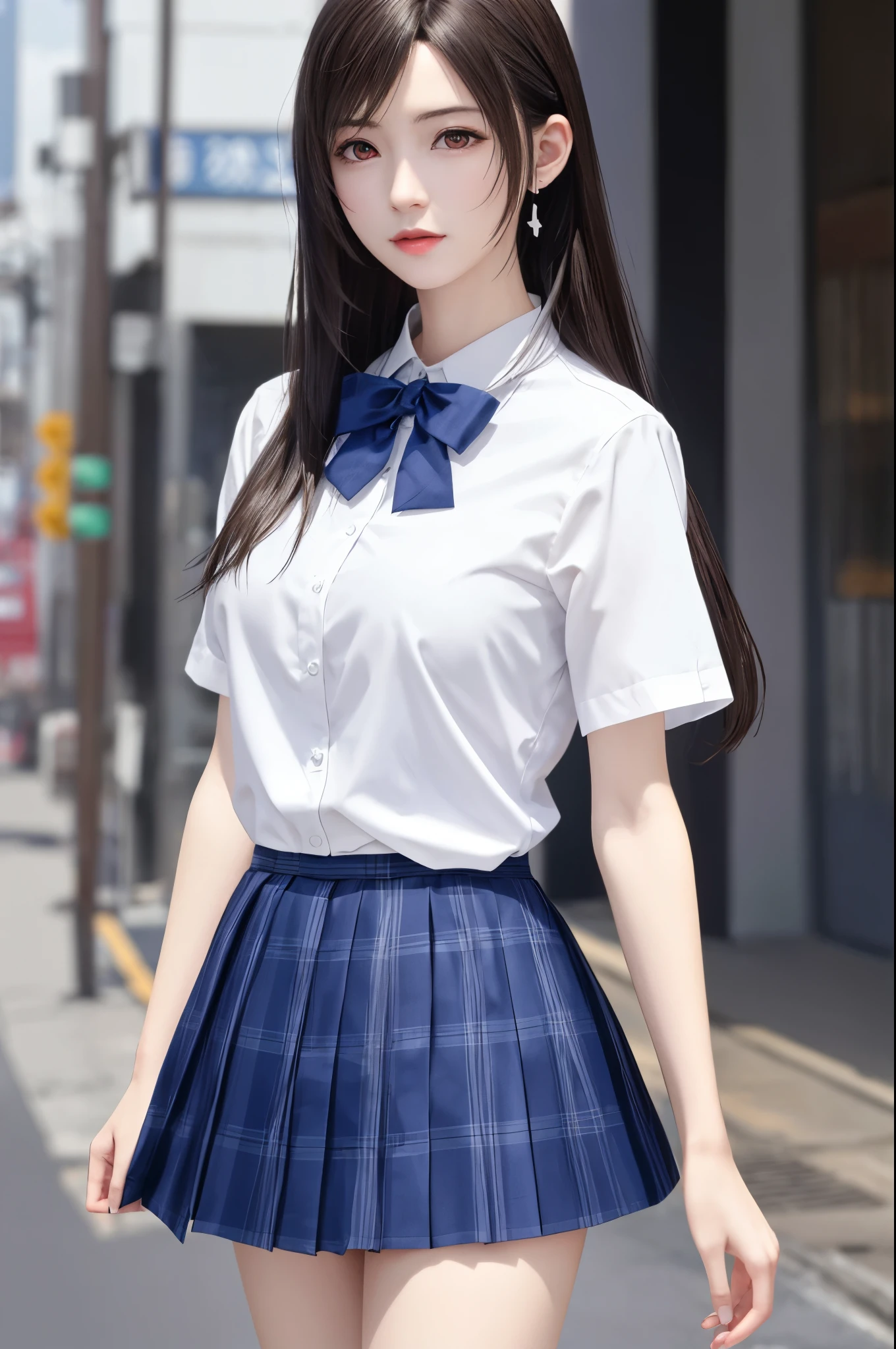 (top quality, masutepiece: 1.1), (Realistic: 1.3), (photoRealistic: 1.3),wallpapers, BREAK (((FF7,Tifa_lockhart))),behind view:1.3,(((Japan  uniform,White short-sleeved shirt,a bow tie,Navy Blue Plaid Pleated Skirt,Dark blue high socks))),(background big city,shibuya:1.1,night:1.3,neon:1.2),(gravure pose:1.3,nogizaka idol),Ultra-detailed face, Detailed eyes,Red eyes, BREAK (((FF7,Tifa_lockhart))),(black brown hair, Large breasts: 1.2), BREAK , About 18 years old,kawaii,(face focus:1.0),sensual,zettai_ryouiki:1.1,looking at viewer,standing,Beautiful legs, legs focus