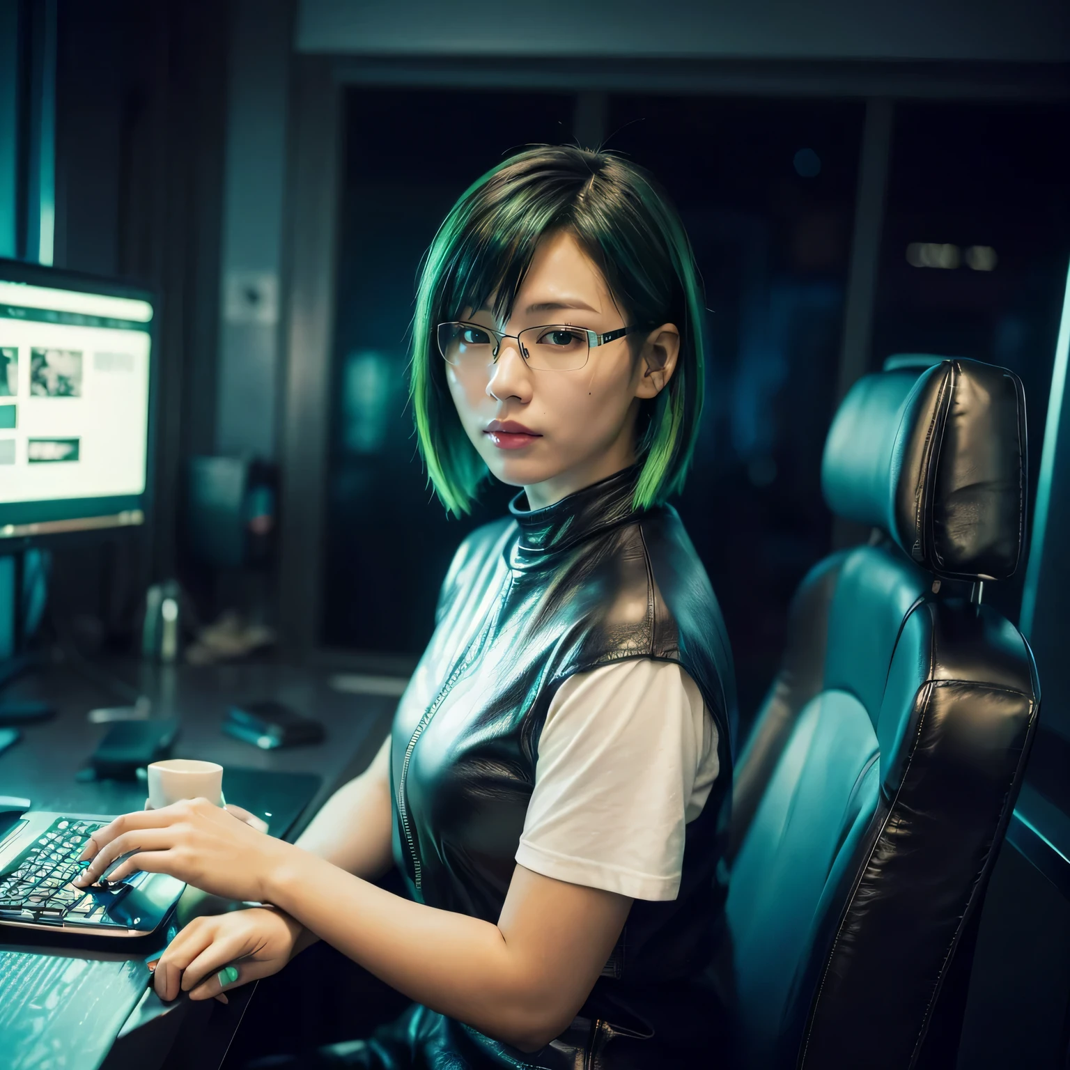 Cyberpunk Night City, Asian girl with green hair in long bob style,Full Length, wear closed electronic glasses in cyberpunk style,cervical cyber implants in cyberpunk style in the neck area,wear a short cyberpunk skirt,Full Length, holding a mini-computer in his hands, Maximum photorealism, (photo Realistic:1.4), (hyper Realistic:1.4), (Realistic:1.3), (smoother lighting:1.05), (improve the quality of cinematic lighting:0.9), 32K, 1 girl,20 year old girl, Realistic lighting, backlight, ray tracing, (bright light:1.2), (Increase quality:1.4), (Premium genuine leather texture.:1.4), very detailed eyes, (fatigue, drowsiness and joy), (laughter:0), t-shirts, (Improve your body line mood:1.1), (Increase the beauty of skin texture:1.1)