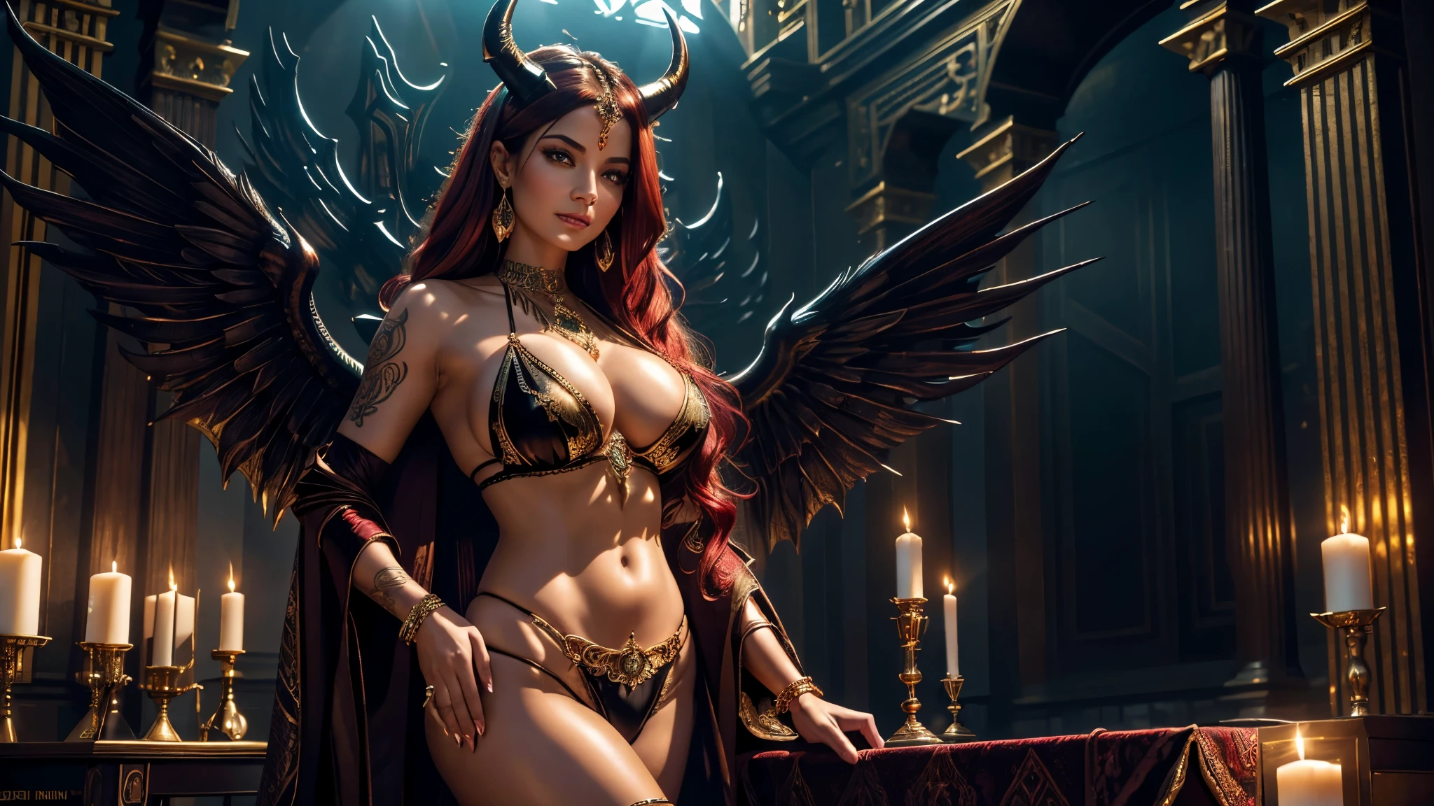 (best quality,highres:1.2),ultra-detailed,realistic,portrait,high fantasy,sexy busty Malaysian woman(age 40),jewel hijab,bikini,tames a devil,arcane chamber,well-lit room,vibrant colors,exquisite details,seductively poses,confident expression,mesmerizing eyes,long wavy hair,fine jewelry,ornate tattoos,chiseled features,soft skin,golden light,elaborate spell casting,richly decorated surroundings,enchanted atmosphere,mythical creatures in the background,elaborate tapestries,handsome yet sinister devil,subdued black and red color scheme,gentle candlelight,Northern European architecture,ethereal shimmer,curved horns,dark wings,burnished scales,dangerous yet alluring presence