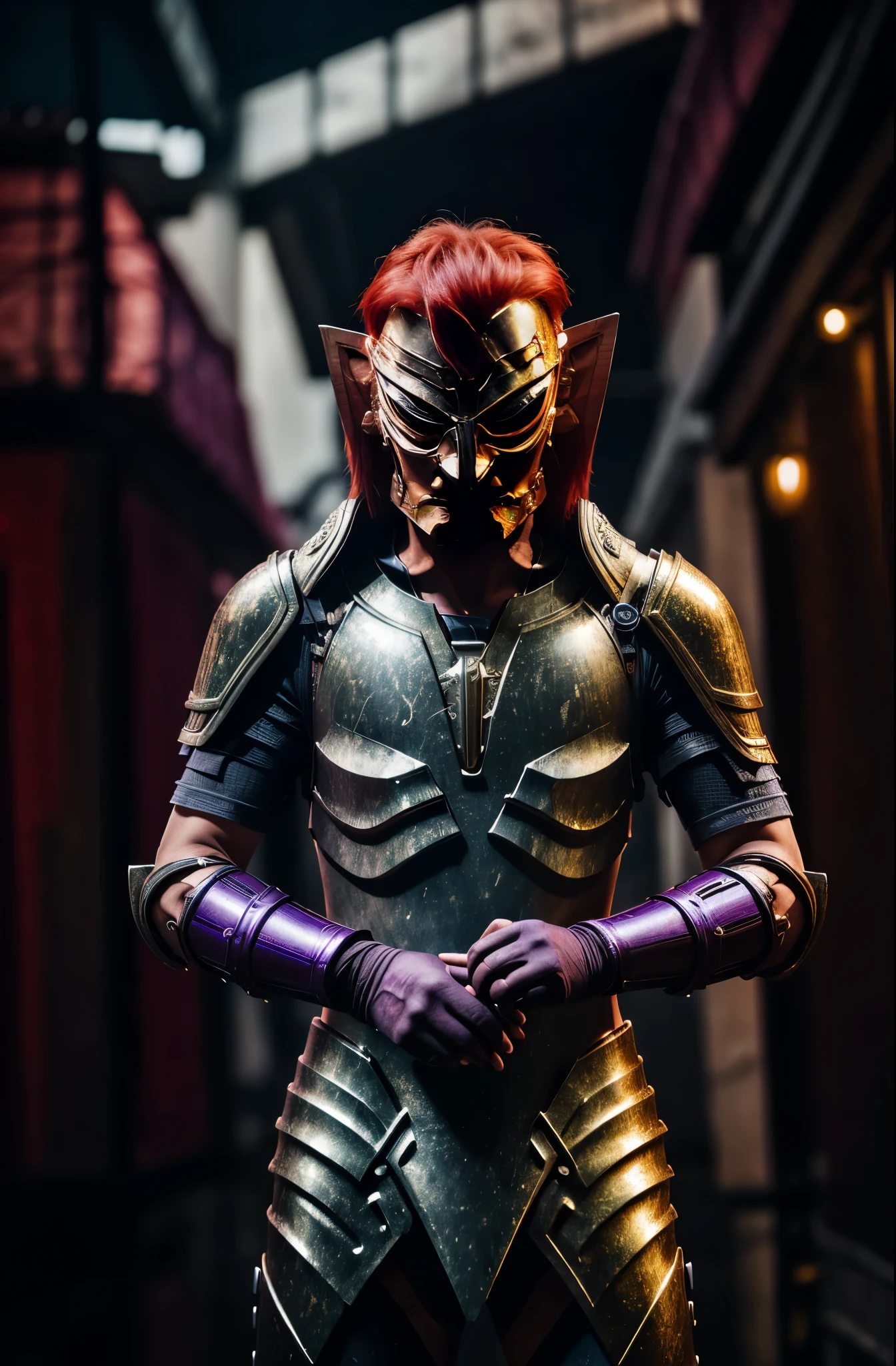 Red hair，man， purple armor, light bearer karoriors, medieval city, dark, fighting, epic, karo, Surrealism, 8k, Super details, karo, fighting against demons, darkness, fear, rain