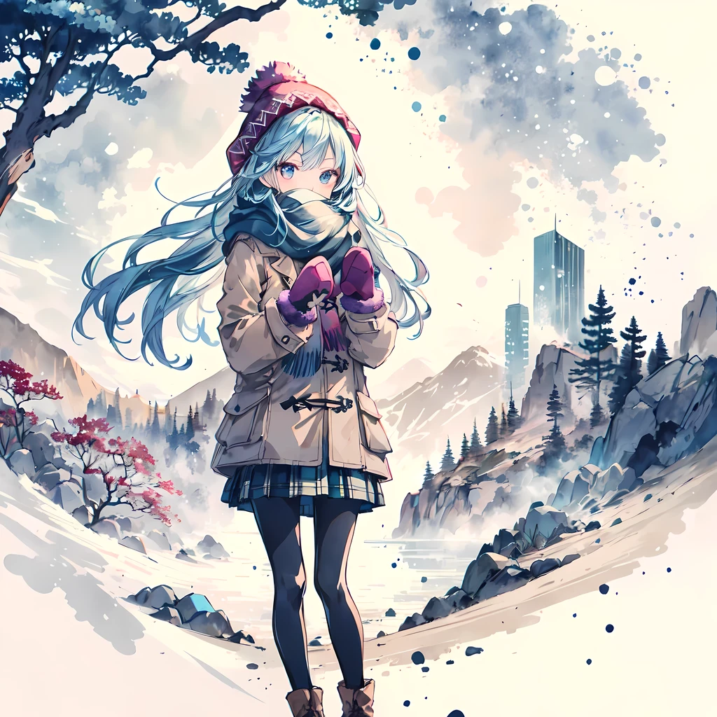 1 girl, alone, scarf, skirt, pantyhose, have, long hair, Plaid, coat, Plaid scarf, outdoor, Eyebrows visible through hair, looking at the audience, pleated skirt, blush, Mittens, Bangs, Wool cap, long sleeves, Black tights, snowing, Dutch Cape, boots, Tree, purple skirt, Tassel decoration, blue eyes, Keep, snow, permanent, blue hair, winter clothes, Sleeves extend beyond wrists, cover mouth, white Mittens, winter, white headgear, bare Tree, brown coat,mist,heavy breathing