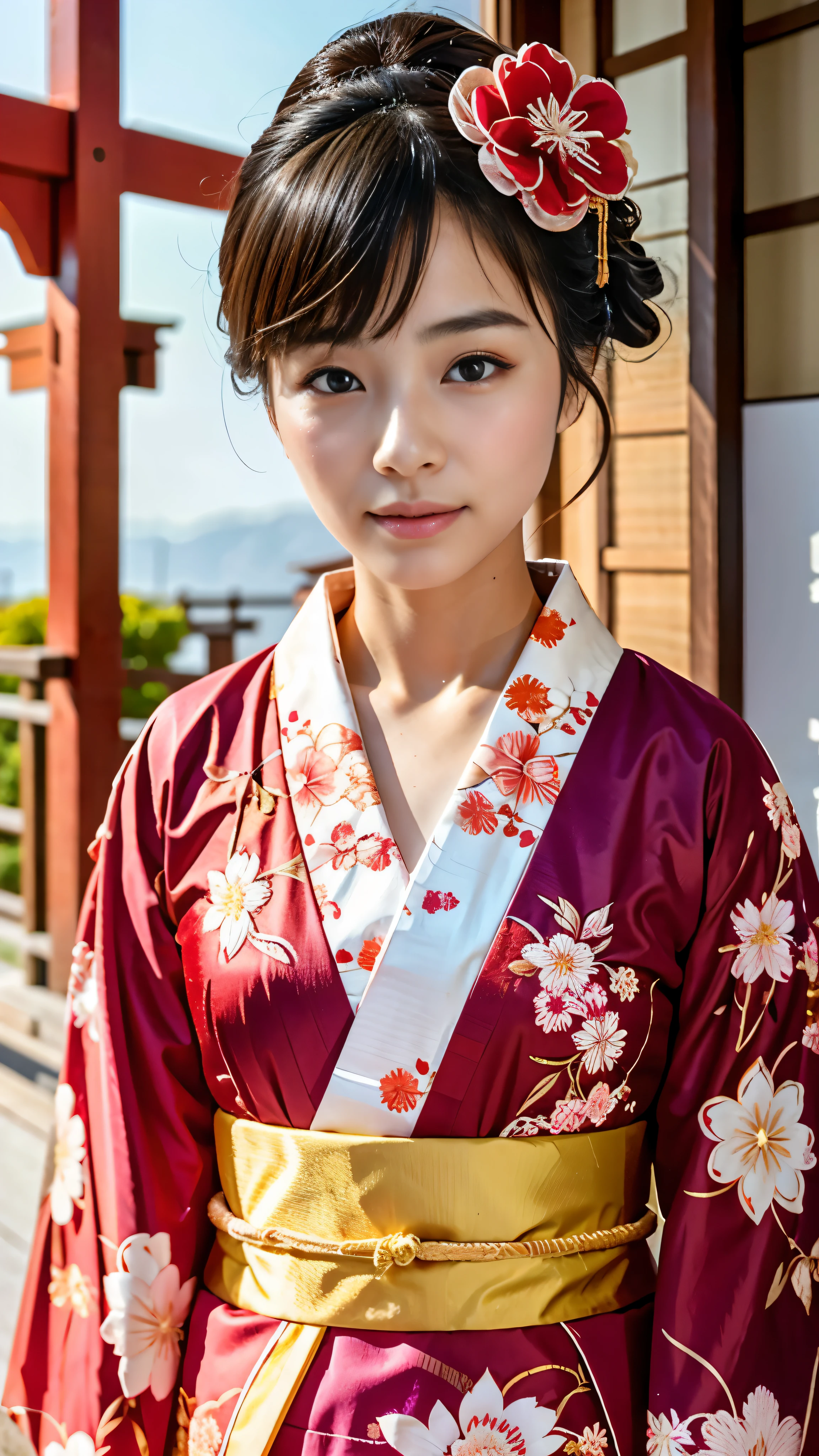 genuine、8K、An arafe Asian girl wearing a kimono with flowers in her hair, in kimono, portrait of a japanese , like々しいjapanese girlの, traditional japanese, in kimono, japanese girl、 wearing a kimono, japanese kimono, Japanese style, wearing a kimono, wearing royal kimono, japanese woman, shikamimi, 美しいjapanese girlの顔