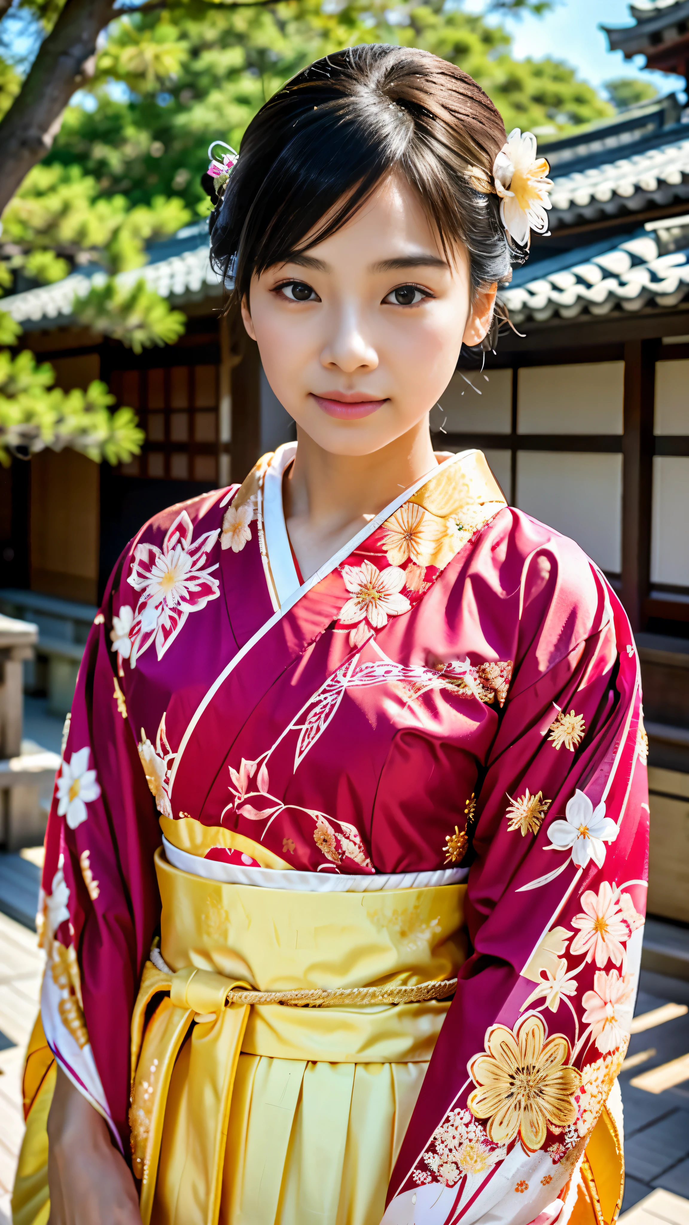 genuine、8K、An arafe Asian girl wearing a kimono with flowers in her hair, in kimono, Japan s, like々しいjapanese girlの, traditional japanese, in kimono, japanese girl、gorgeous bare skin、Kuroko around the eyes、close up of face:1.2、 wearing a kimono, japanese kimono, Japanese style, wearing a kimono, wearing royal kimono, japanese woman, shikamimi, 美しいjapanese girlの顔