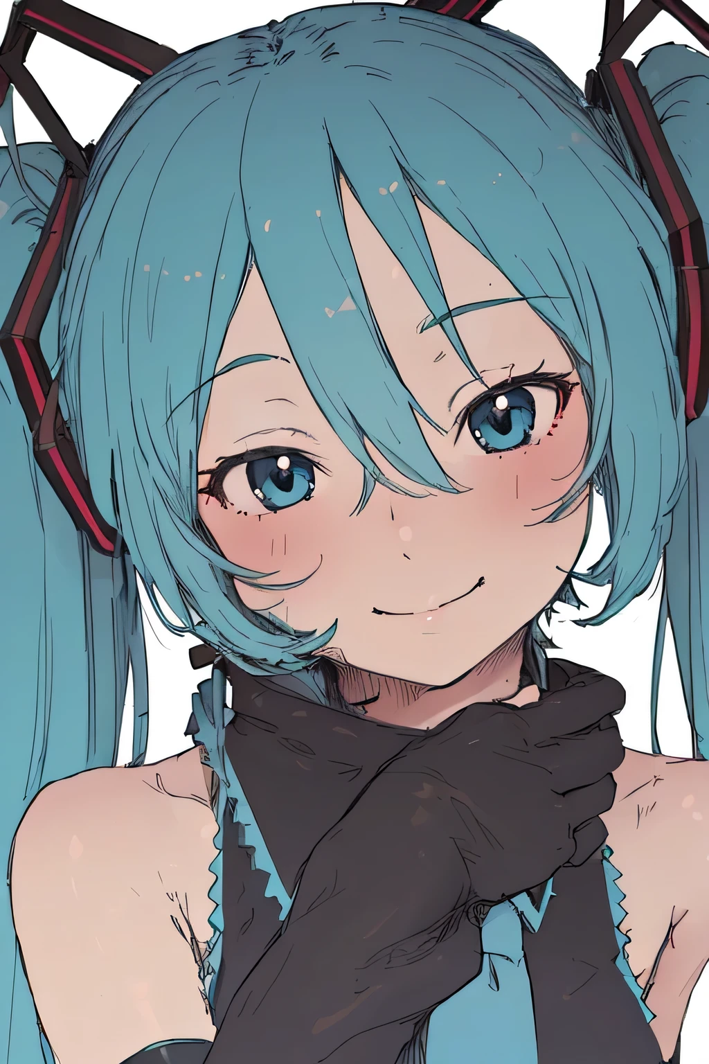 (highest quality, Masterpiece 1.2), become familiar with,1 girl, alone,looking at the viewer,simple background, , this,   Take-up, Upper body,  close-up
standing ,smile ,become familiar with eyes ,  become familiar with  face,realistic, adorable face , cute, hatsune miku, log eyelashes,  
 Elbow hand out of frame,    