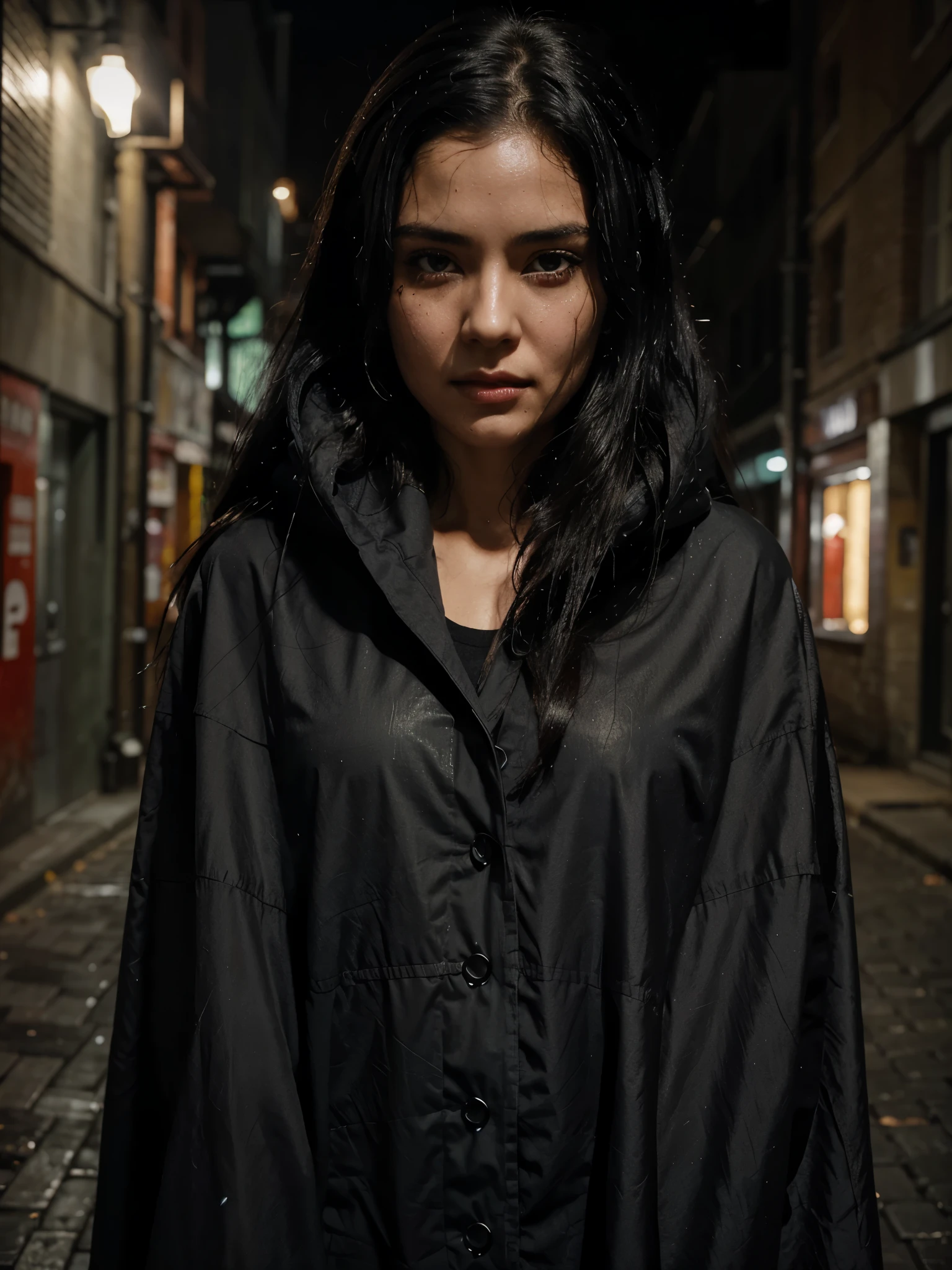 A realistic photograph of a woman with black hair in a very dark version, highlighting the shadows and contrasts, wearing an akatsuki cloak with details in black and red, she is in a dark street at night, with smoke, her hair is wet, colder and darker colors, smoke, dust, dark, horror effect, movie style. Her skin and clothes are wet. She is facing the camera and she has no mask on her face. She has blood stains on her clothes and she looks older. She has no rain and more smoke. She has long hair and looks very realistic. She has a more futuristic outfit. She has an aggressive pose showing her sharingan eyes. The style is similar to the third photo that I generated for you. She has the longest hair possible. She has no mask and her hair is black and messy. She has black hair. She has a more realistic face like a human woman from the real world. She has a different pose and angle than the previous photos. She has a slightly different expression and lighting than the previous photos.