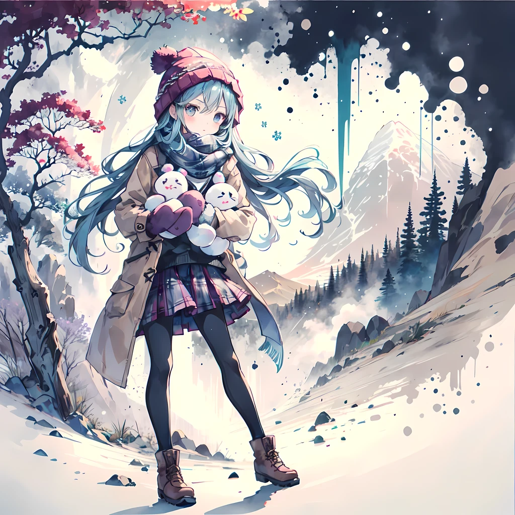 1 girl, alone, scarf, skirt, pantyhose, have, long hair, Plaid, coat, Plaid scarf, outdoor, Eyebrows visible through hair, looking at the audience, pleated skirt, blush, Mittens, Bangs, Wool cap, long sleeves, Black tights, snowing, Dutch Cape, boots, Tree, purple skirt, Tassel decoration, blue eyes, Keep, snow, permanent, blue hair, winter clothes, Sleeves extend beyond wrists, cover mouth, white Mittens, winter, white headgear, bare Tree, brown coat,mist,heavy breathing