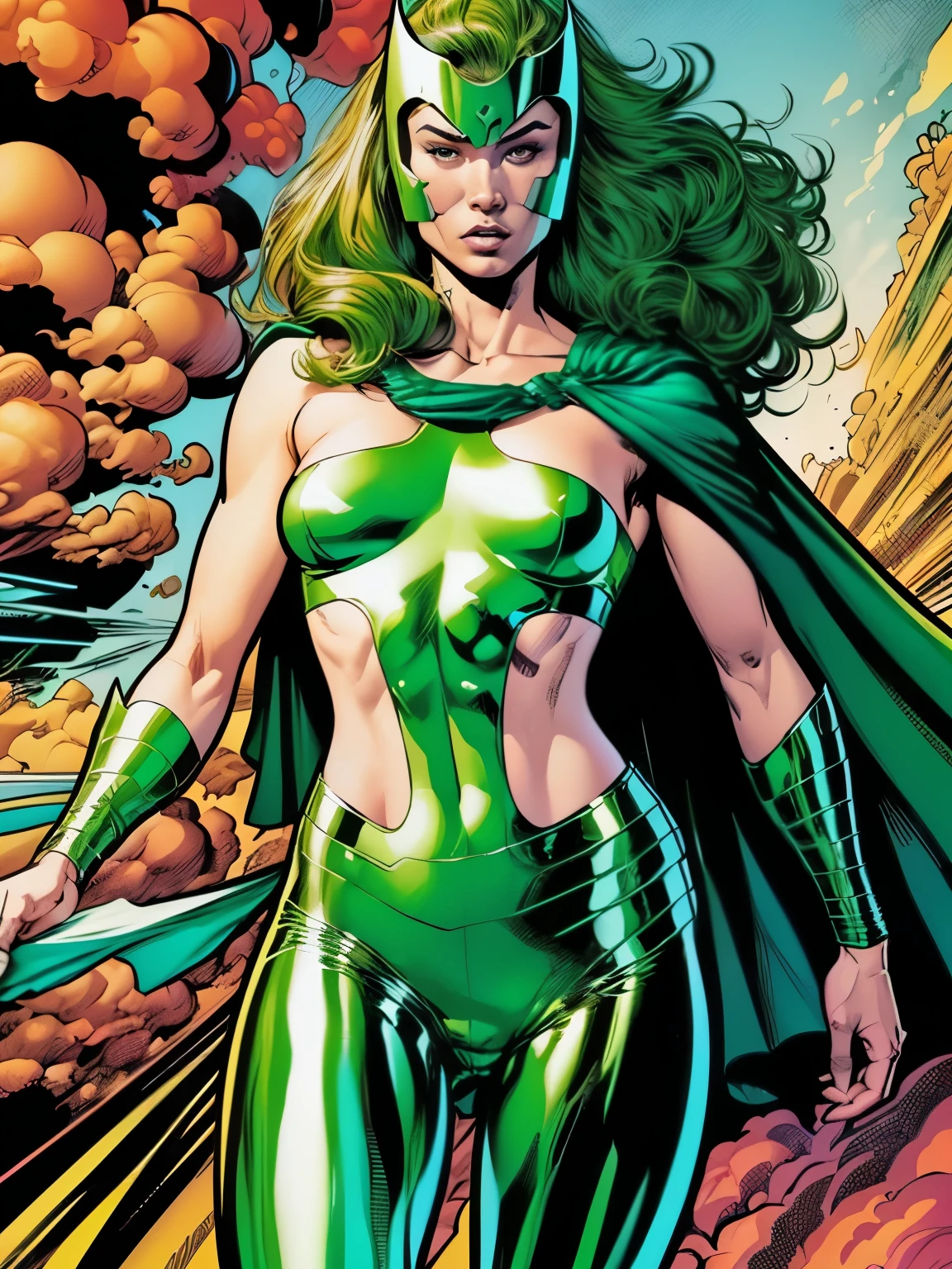 Cinematic. (((A comic style, cartoon art))). ((1girl, solo, lonly)). polaris Posing for photo (in epic heroic pose) , ((wearing his iconic white X-Men uniform with sexy green legging pants and cape)) . (((slim Hot Body, camel toes))). ((Abstract Comic background )) , vivid colors, detailed, detailed face, realistic shadows and bright, glowing.