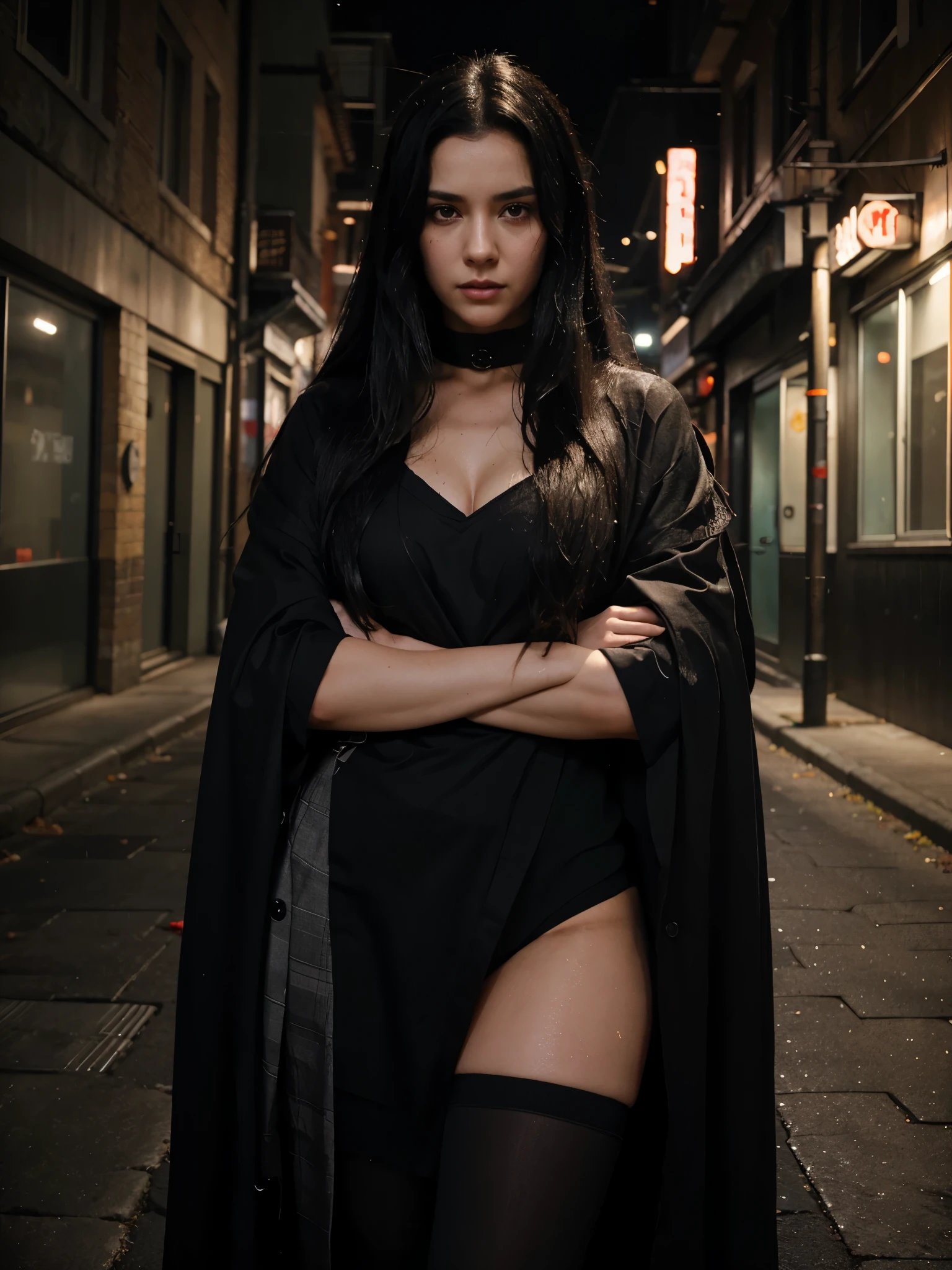 A realistic photograph of a woman with black hair in a very dark version, highlighting the shadows and contrasts, wearing an akatsuki cloak with details in black and red, she is in a dark street at night, with smoke, her hair is wet, colder and darker colors, smoke, dust, dark, horror effect, movie style. O manto está aberto na frente, Decote, e sexy, ela está usando luvas preta nas mãos, seu cabelo e rosto está molhado, está vestida com o manto da akatsuke, Her skin and clothes are wet. She is facing the camera and she has no mask on her face. She has blood stains on her clothes and she looks older. She has no rain and more smoke. She has long hair and looks very realistic. She has a more futuristic outfit. She has an aggressive pose showing her sharingan eyes. The style is similar to the third photo that I generated for you. She has the longest hair possible. She has no mask and her hair is black and messy. She has black hair. She has a more realistic face like a human woman from the real world. She has a different pose and angle than the previous photos. She has a slightly different expression and lighting than the previous photos.