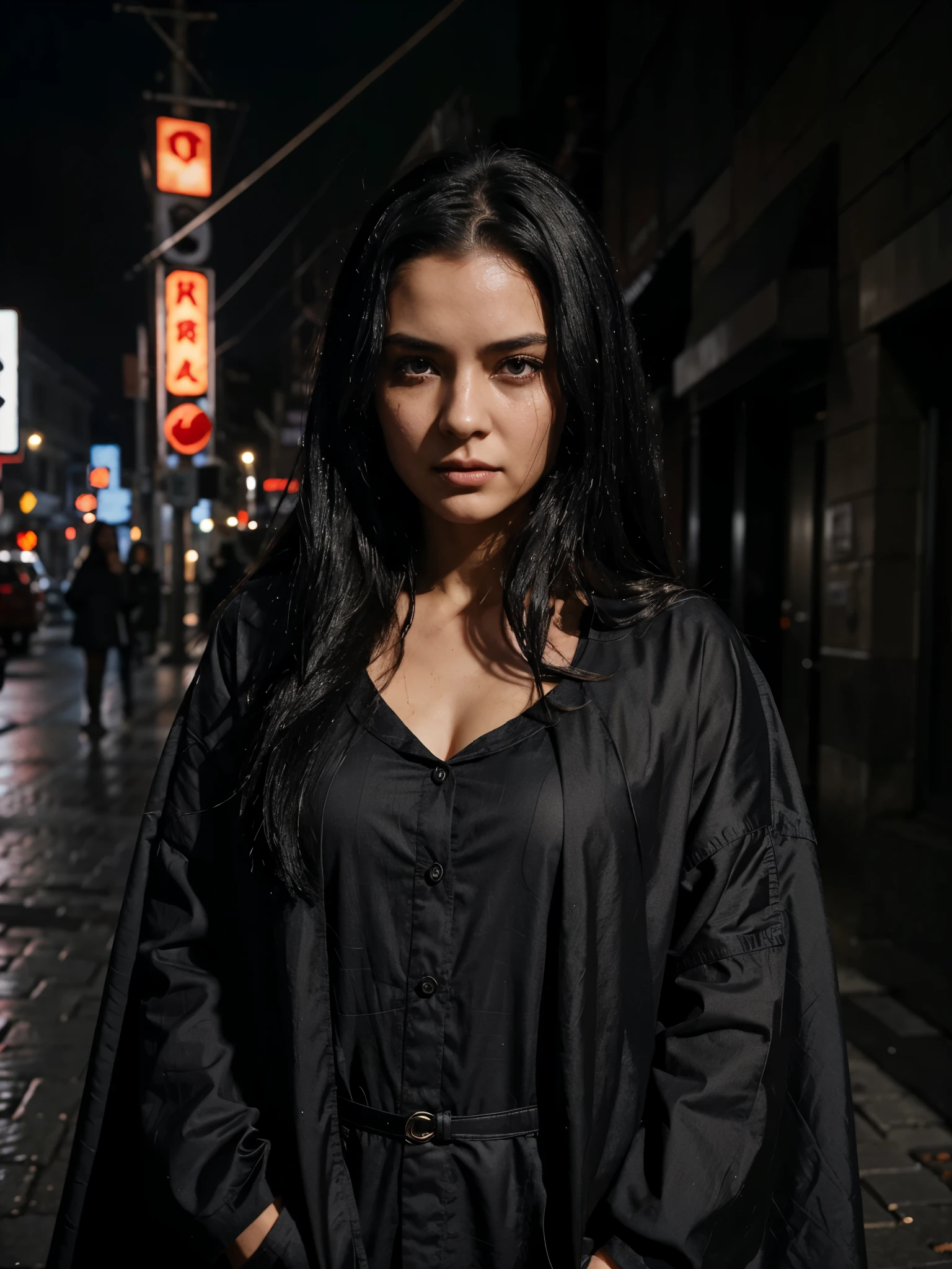 A realistic photograph of a woman with black hair in a very dark version, highlighting the shadows and contrasts, wearing an akatsuki cloak with details in black and red, she is in a dark street at night, with smoke, her hair is wet, colder and darker colors, smoke, dust, dark, horror effect, movie style. O manto está aberto na frente, Decote,  e sexy, ela está usando luvas preta nas mãos, seu cabelo e rosto está molhado, está vestida com o manto da akatsuke, Her skin and clothes are wet. She is facing the camera and she has no mask on her face. She has blood stains on her clothes and she looks older. She has no rain and more smoke. She has long hair and looks very realistic. She has a more futuristic outfit. She has an aggressive pose showing her sharingan eyes. The style is similar to the third photo that I generated for you. She has the longest hair possible. She has no mask and her hair is black and messy. She has black hair. She has a more realistic face like a human woman from the real world. She has a different pose and angle than the previous photos. She has a slightly different expression and lighting than the previous photos.