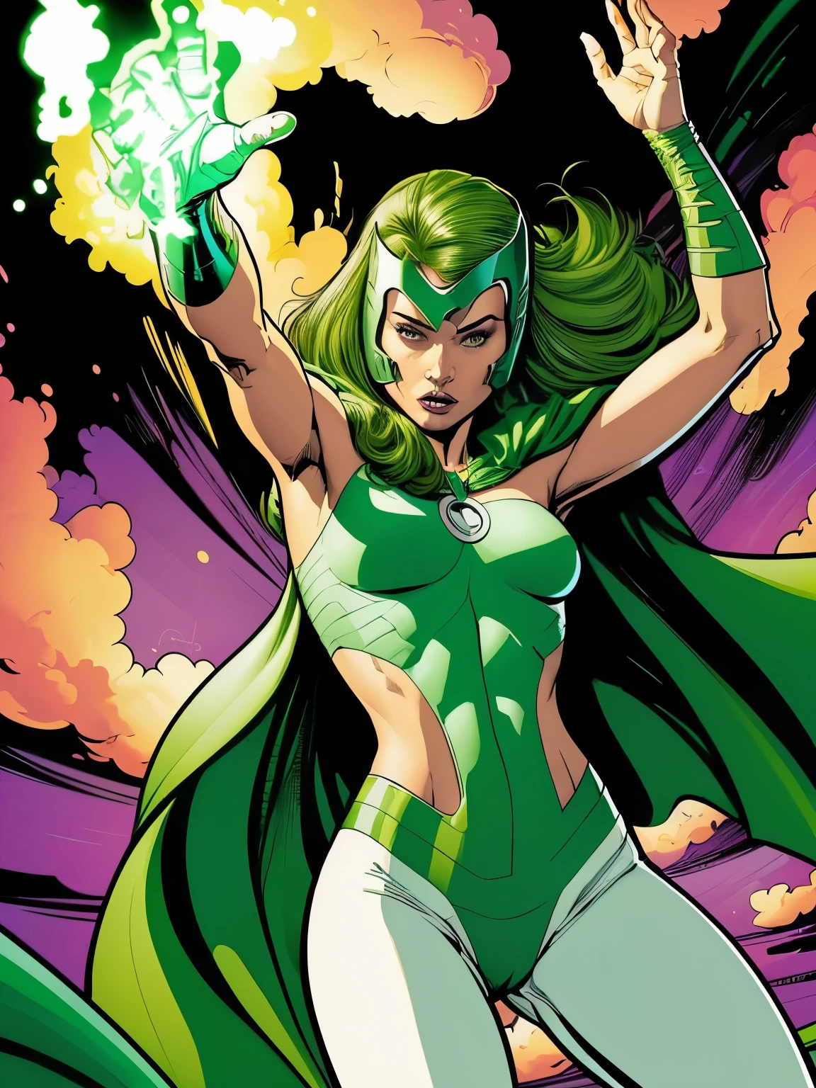 Cinematic. (((A comic style, cartoon art))). ((1girl, solo, lonly)). polaris Posing for photo (in epic heroic pose) , ((wearing his iconic white X-Men uniform with sexy green legging pants and cape)) . (((slim Hot Body, camel toes))). ((Abstract Comic background )) , vivid colors, detailed, detailed face, realistic shadows and bright, glowing.