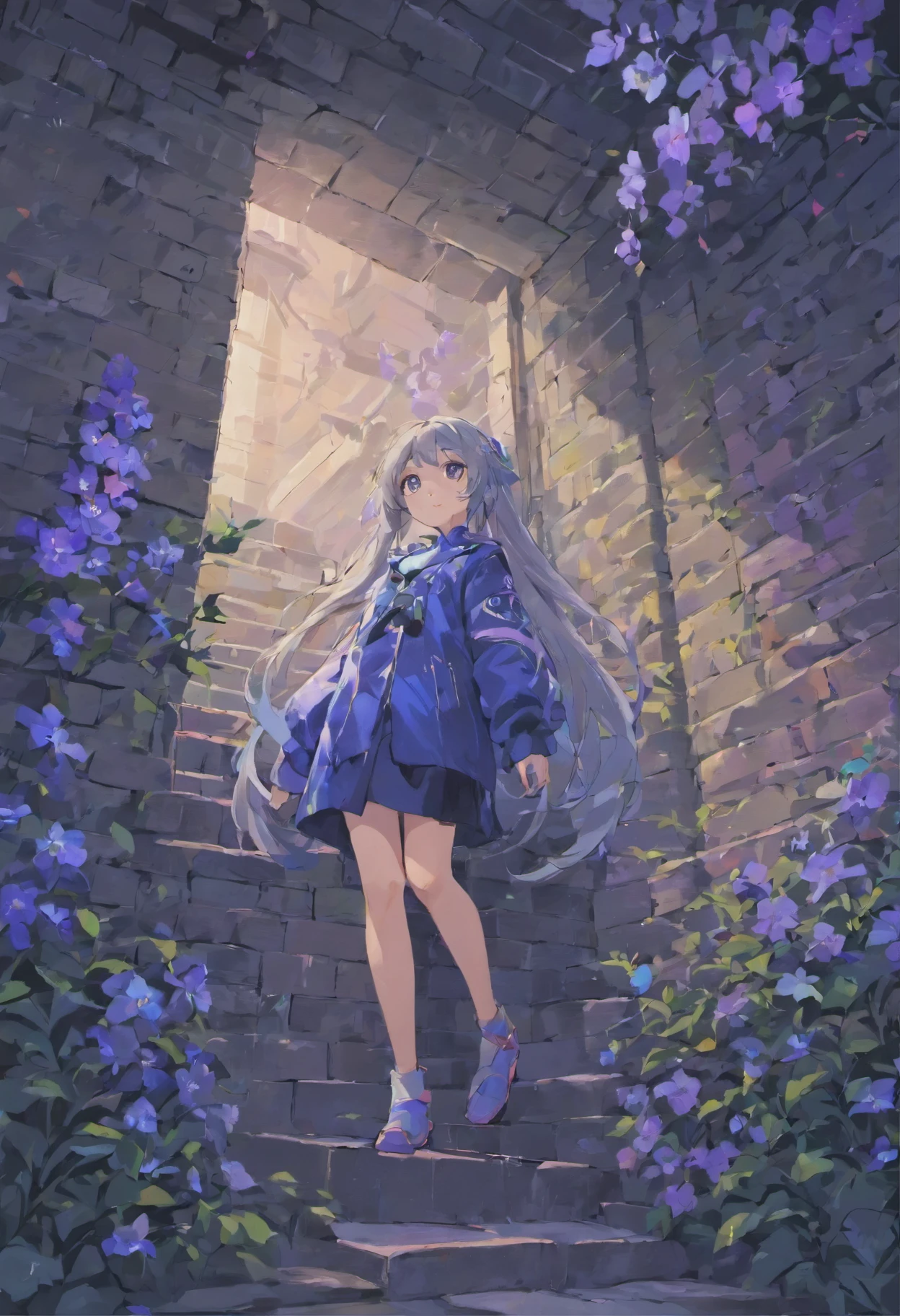 gray brick wall, creeper, blue and lilac flowers