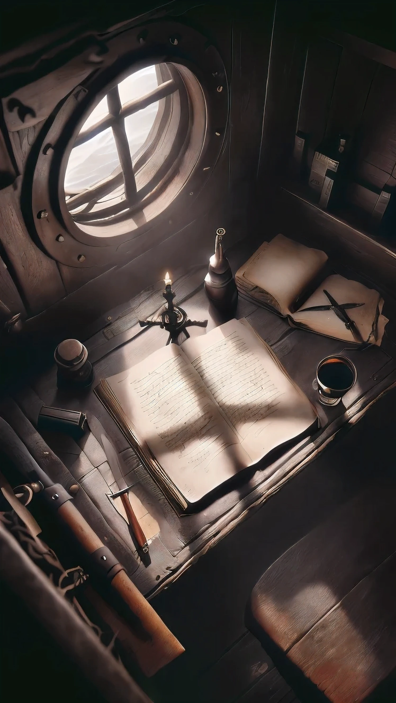 there is a desk with a book, a cup of coffee and a pen, old manuscripts and scrolls, detailed cinematic render, old books and dip pen, old scientific documents, on the deck of a sailing ship, with one vintage book on a table, photorealistic dark concept art, on a pirate ship background, photorealistic cinematic render, sea of thieves style, old manuscript