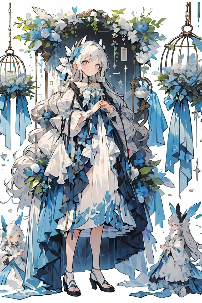 (masterpiece:1.2), best quality,PIXIV,fairy tale girl, 1 woman, white hair, grey eyes, white dress, lolita fashion, white theme