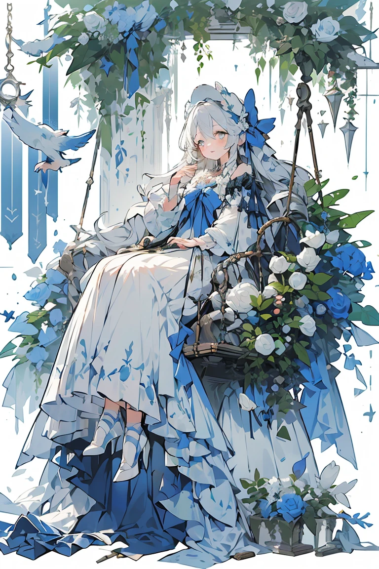 (masterpiece:1.2), best quality,PIXIV,fairy tale girl, 1 woman, white hair, grey eyes, white dress, lolita fashion, white theme