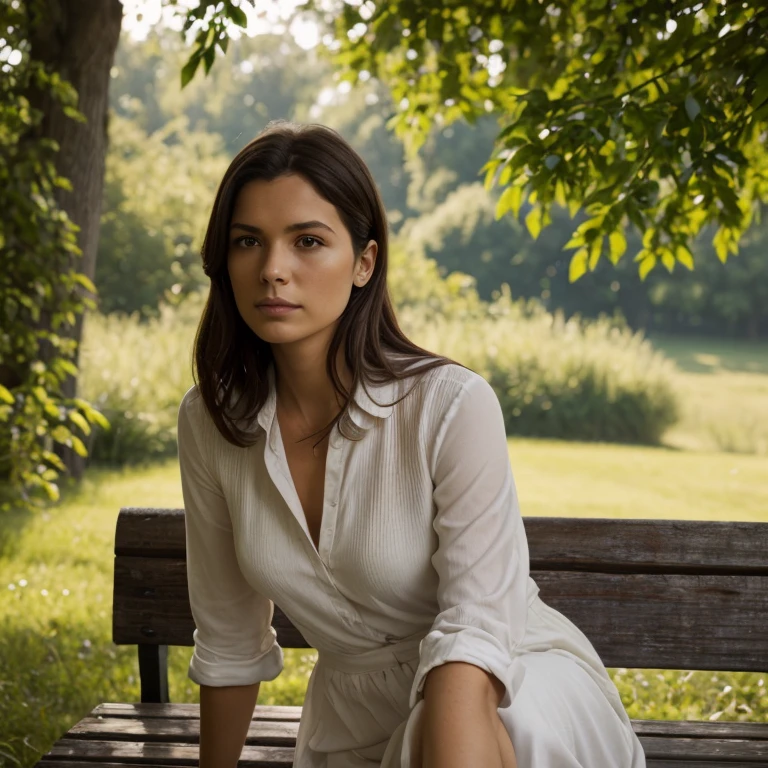 best quality,ultra-detailed,portraits,waiting,woman sitting on a bench,gaze fixed in the distance,longing for someone to arrive,soft sunlight filtering through the trees,peaceful and serene atmosphere,muted colors,subtle shadows,pensive expression,aged wooden bench,gentle breeze rustling the leaves