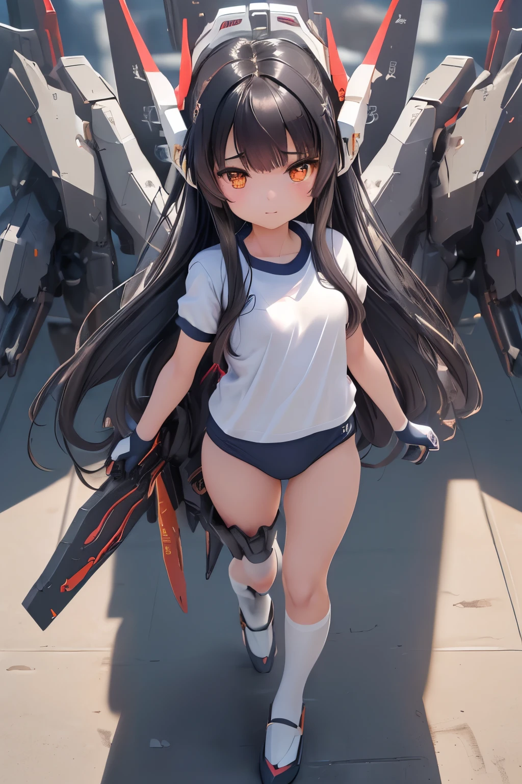 (highest quality)), ((masterpiece)), (very detailed: 1.3), 3D, {(1 young girl)}, (wear navy buruma and white gym uniform with colored hem under armor:1.3), (black hair:1.5), (She is fused with futuristic Gundam mecha:1.3), with headgear, with v-fin , armored shoulders,armored under arms, armored under legs, short sleeve, attached 2 huge weapons on back, legs mounted weapon module, camel toe, multilayer textureperfect proportions, octane rendering, duotone lighting, Low ISO, wide aperture, White balance, Rule of thirds, ultra HD16k, HDR (High Dynamic Range), Ray Tracing, NVIDIA RTX, Super Resolution, Subsurface Scattering, PBR Texturing, Post Processing, Anisotropic Filtering, Depth of Field, Maximum Clarity and Clarity, High efficiency subpixel, subpixel convolution, particles of light, light scattered, Tyndall effect, full body:1.5, (face-off sex position:1.3, open legs), , cute, (cute:1.2), (long hair:1.3),太い眉毛, 薄い色の虹彩, 大きくて輝いている黒い瞳, 長いまつげ, 小さく薄い色の自然な唇, (Average face of Japanese idols), (日本人特有の童顔:1.3), (), 広いおでこ:1.2, ふっくらした頬, 小さな顎, in the hangar,looking at viewer,Focus on the eyes , (完璧な4本の指, 親指1本),