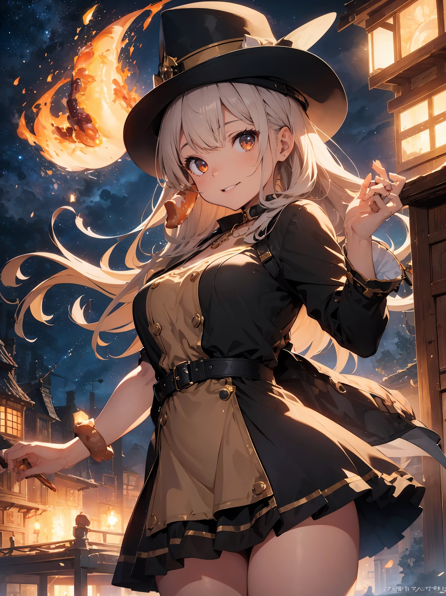 Realistic concept art, realistic, masterpiece, highest quality, detailed, 3D rendering, CG Effects, fantasy, very sophisticated and beautiful, japanese woman, turn towards the viewer, long hair, white色 hair, whole body, (Holds long fire element magic wand。), Fire particles, cast a fire spell, flame magic circle, Are standing, (((have a big hot dog)))、alone, spread legs, low angle view, Steampunk style clothes(Brown, white), Brown steampunk hat, black steampunk style dress, gold necklace(Diamond Gemstones), correct eyes, detailed eyes, correct anatomy, detailed hand, (((whole body))), night, starry sky, fantasy steampunk castle, full moon, Fire particles, ash of flame, shading, smile, white face, 8K, UHD, correct move, correct finger, heavy brushstrokes