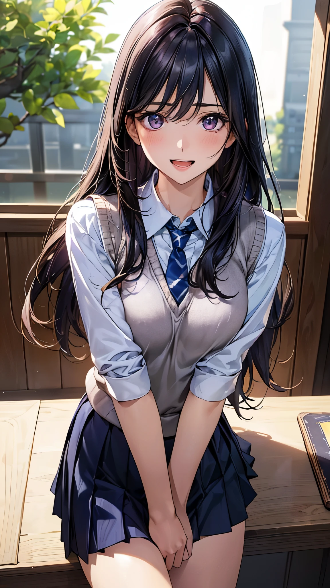 (masterpiece:1.2, top-quality), (realistic, photorealistic:1.4), beautiful illustration, (natural side lighting, movie lighting), ,
(looking at viewer), 1 girl, japanese, high school girl, perfect face, cute and symmetrical face, shiny skin,
(long hair:1.5, straight hair:1.7, light blown hair), hair between eyes, purple eyes, long eye lasher, (large breasts:0.6),
beautiful hair, beautiful face, beautiful detailed eyes, beautiful clavicle, beautiful body, beautiful chest, beautiful thighs, beautiful legs,
((white knitted vest, light blue collared shirt, dark navy pleated skirt), ), navy tie,
(beautiful scenery), evening, detailed, inside class room, modern,, hands on mouth, (lovely smile, upper eyes, open mouth),