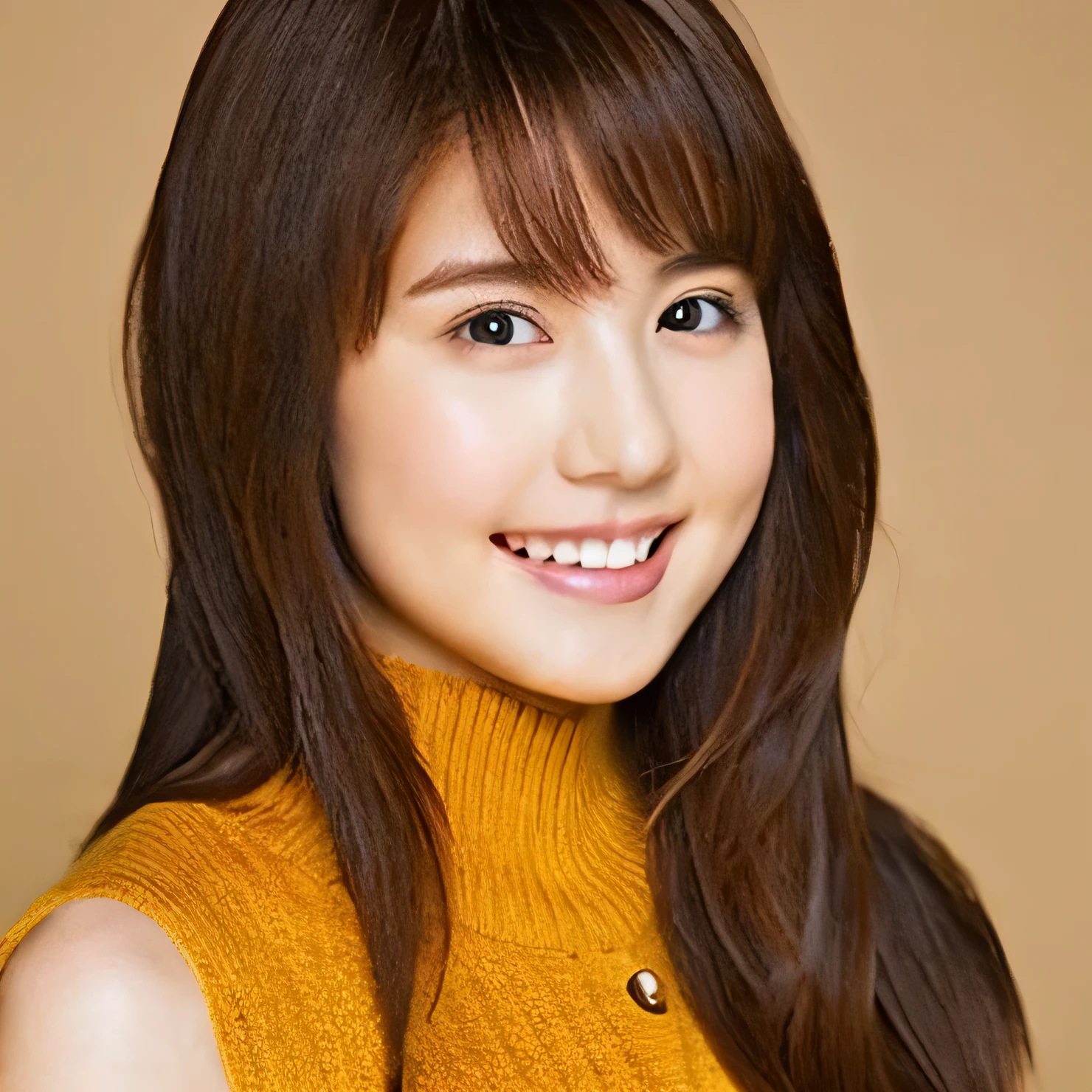 Image of a beautiful girl with brown hair in a sleeveless knitted sweater