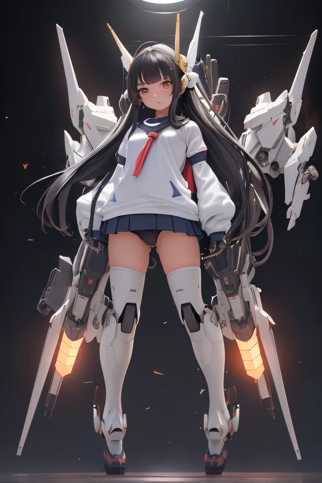 (highest quality)), ((masterpiece)), (very detailed: 1.3), 3D, {(1 young girl)}, (wear navy buruma and white gym uniform with colored hem under armor:1.3), (black hair:1.5), (She is fused with futuristic Gundam mecha:1.3), with headgear, with v-fin , armored shoulders,armored under arms, armored under legs, short sleeve, attached 2 huge weapons on back, legs mounted weapon module, camel toe,  multilayer textureperfect proportions, octane rendering, duotone lighting, Low ISO, wide aperture, White balance, Rule of thirds, ultra HD16k, HDR (High Dynamic Range), Ray Tracing, NVIDIA RTX, Super Resolution, Subsurface Scattering, PBR Texturing, Post Processing, Anisotropic Filtering, Depth of Field, Maximum Clarity and Clarity, High efficiency subpixel, subpixel convolution, particles of light, light scattered, Tyndall effect, full body:1.5, (face-off sex position:1.3, open legs), , cute, (cute:1.2), (long hair:1.3),太い眉毛, 薄い色の虹彩, 大きくて輝いている黒い瞳, 長いまつげ, 小さく薄い色の自然な唇, (Average face of Japanese idols), (日本人特有の童顔:1.3), (), 広いおでこ:1.2, ふっくらした頬, 小さな顎, in the hangar,looking at viewer,Focus on the eyes , (完璧な4本の指, 親指1本),