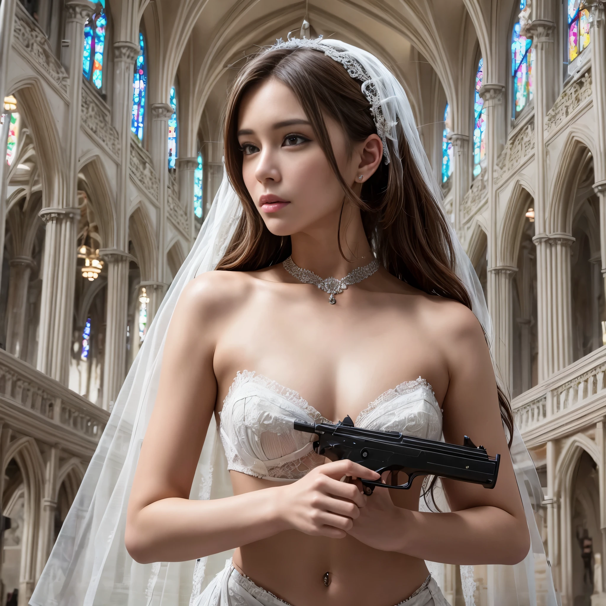 (RAW photo:1.2), (realistic), beautiful detailed girl, very detailed eyes and face, beautiful and detailed eyes, huge file size, High resolution, very detailed, highest quality, [table top:1.6], shape, very detailed, small details, highest quality, 8k wallpaper, movie lighting,woman in a torn wedding dress, hold a gun and fight something, ruined cathedral, Fight bravely, Desolate world, Nipples visible through torn wedding dress, I can see white pants, dark mysterious cathedral, look of fear, slender body, young face, immature body, nipples exposed, small nipples, white high heels