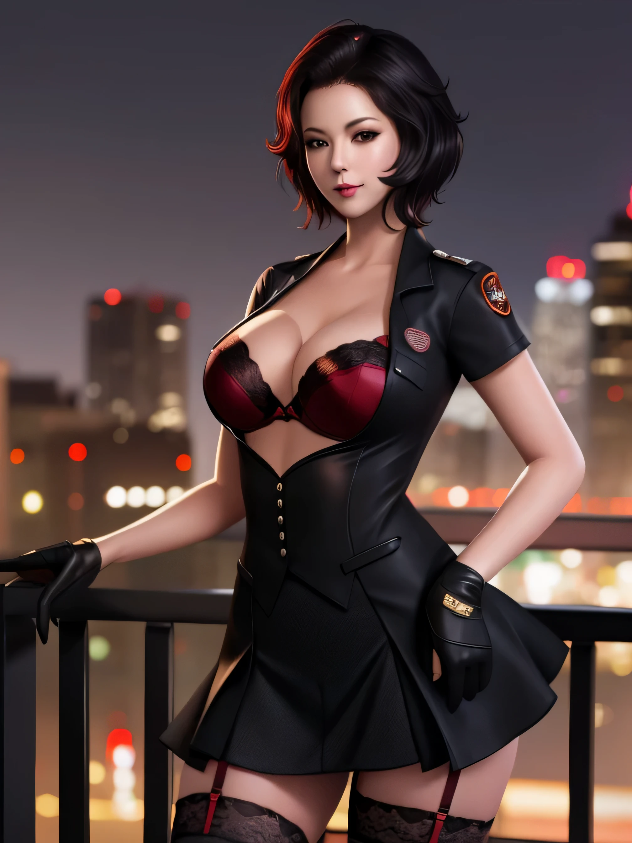 1girl,mature female,cityscape,night,looking at viewer,short hair,thighhighs,garter straps,bra,lingerie,gloves,fishnets,cleavage,uniform,red bra,police,short sleeves,shirt,skirt,black hair,