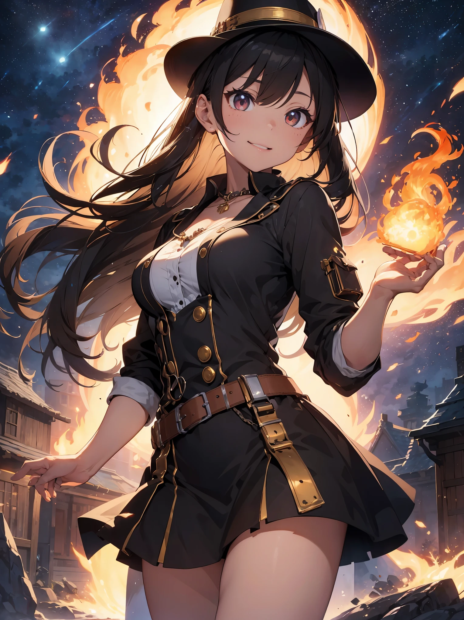 Realistic concept art, realistic, masterpiece, highest quality, detailed, 3D rendering, CG Effects, fantasy, very sophisticated and beautiful, japanese woman, turn towards the viewer, long hair, white色 hair, whole body, (Holds long fire element magic wand。), Fire particles, cast a fire spell, flame magic circle, Are standing, have a big hot dog、alone, spread legs, low angle view, Steampunk style clothes(Brown, white), Brown steampunk hat, black steampunk style dress, gold necklace(Diamond Gemstones), correct eyes, detailed eyes, correct anatomy, detailed hand, (((whole body))), night, starry sky, fantasy steampunk castle, full moon, Fire particles, ash of flame, shading, smile, white face, 8K, UHD, correct move, correct finger, heavy brushstrokes