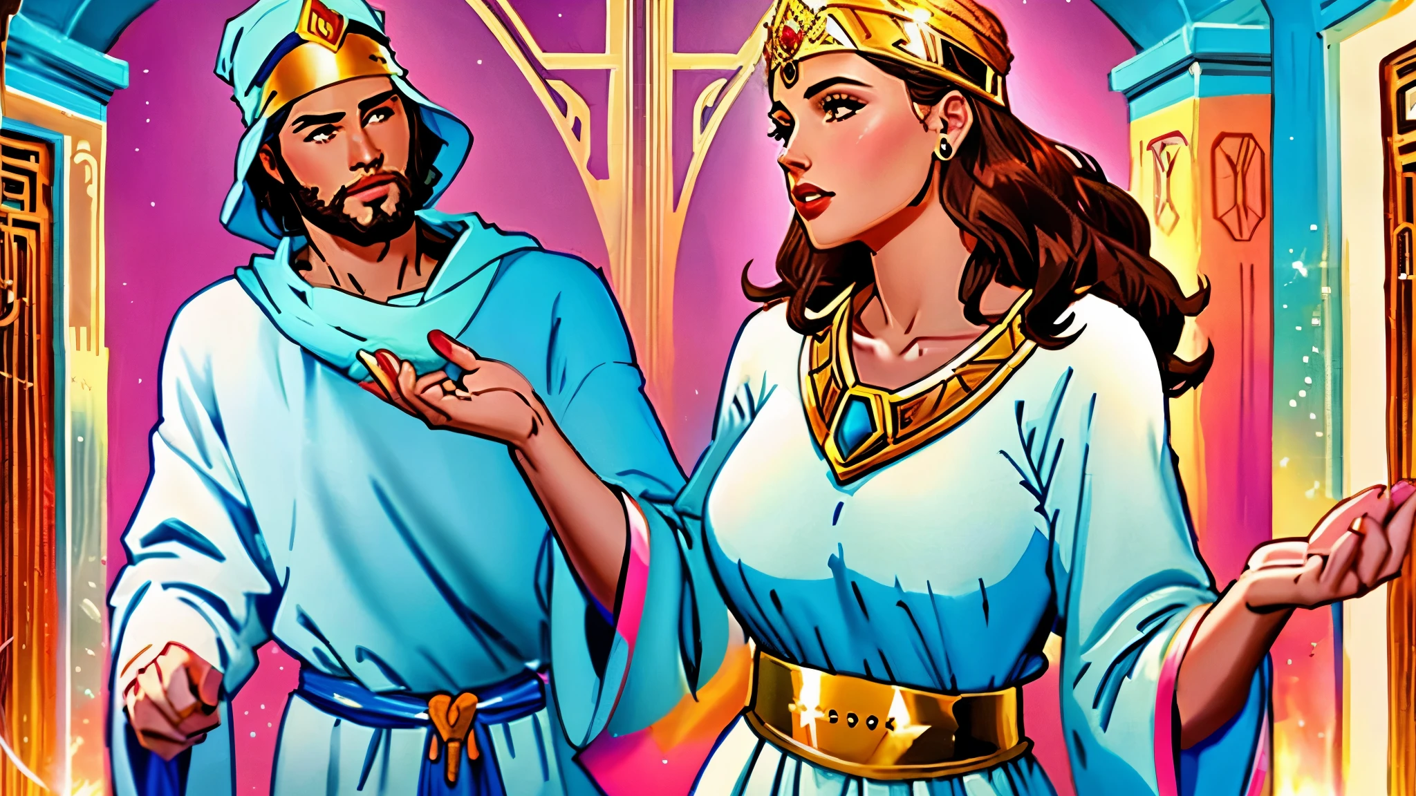 desenho animado, uma mulher princesa conversando com um servo, biblical costumes, biblical style, estilo antigo, melhor qualidade, high resolution, arte digital, marvel style comic book.